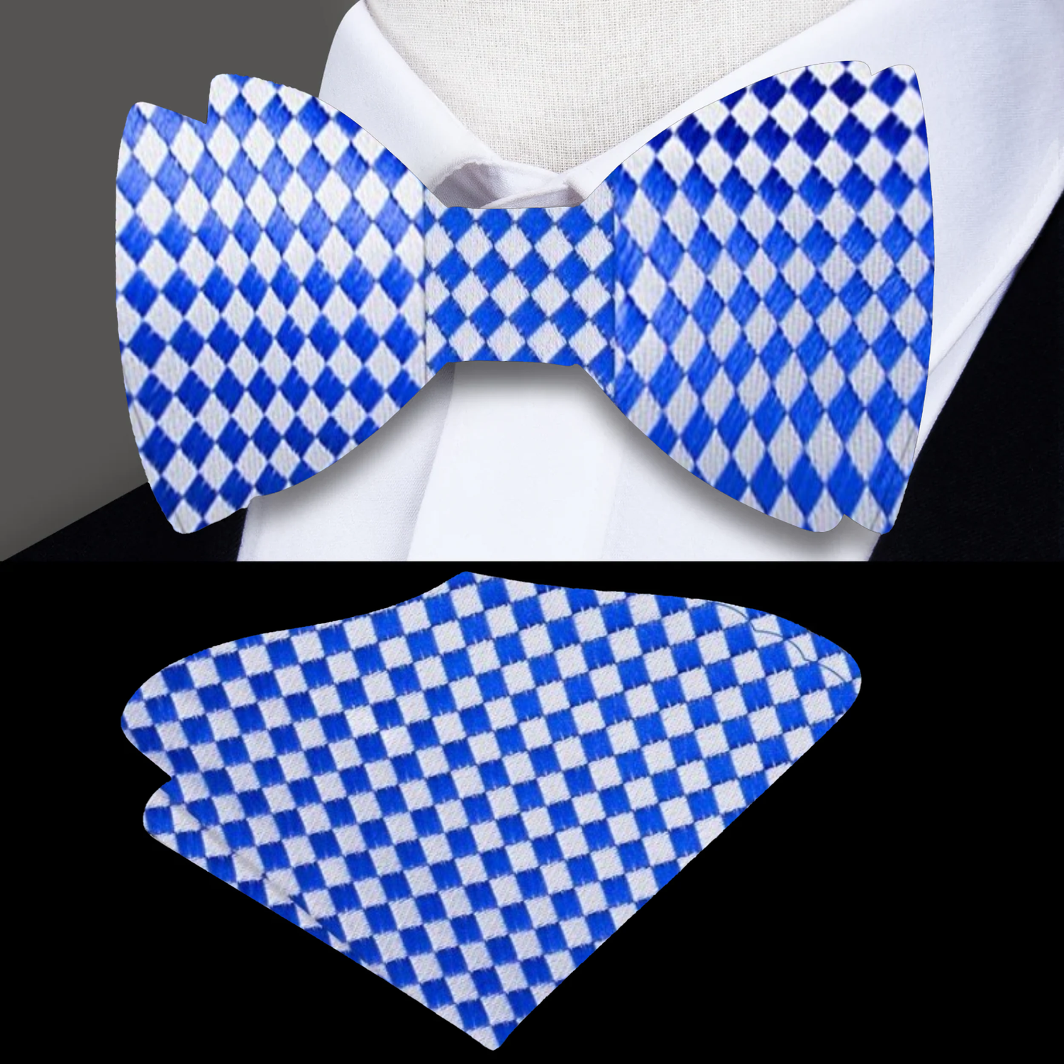 Light Blue, Light Grey Diamonds Bow Tie and Pocket Square