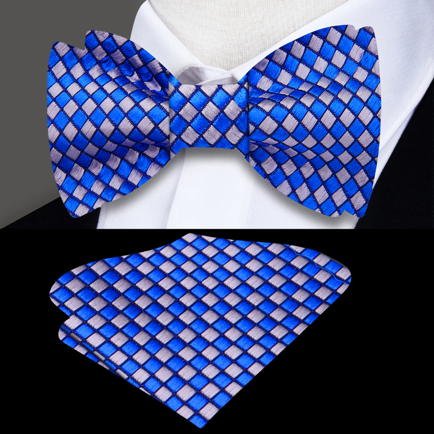 Blue, Grey Diamonds Bow Tie and Pocket Square