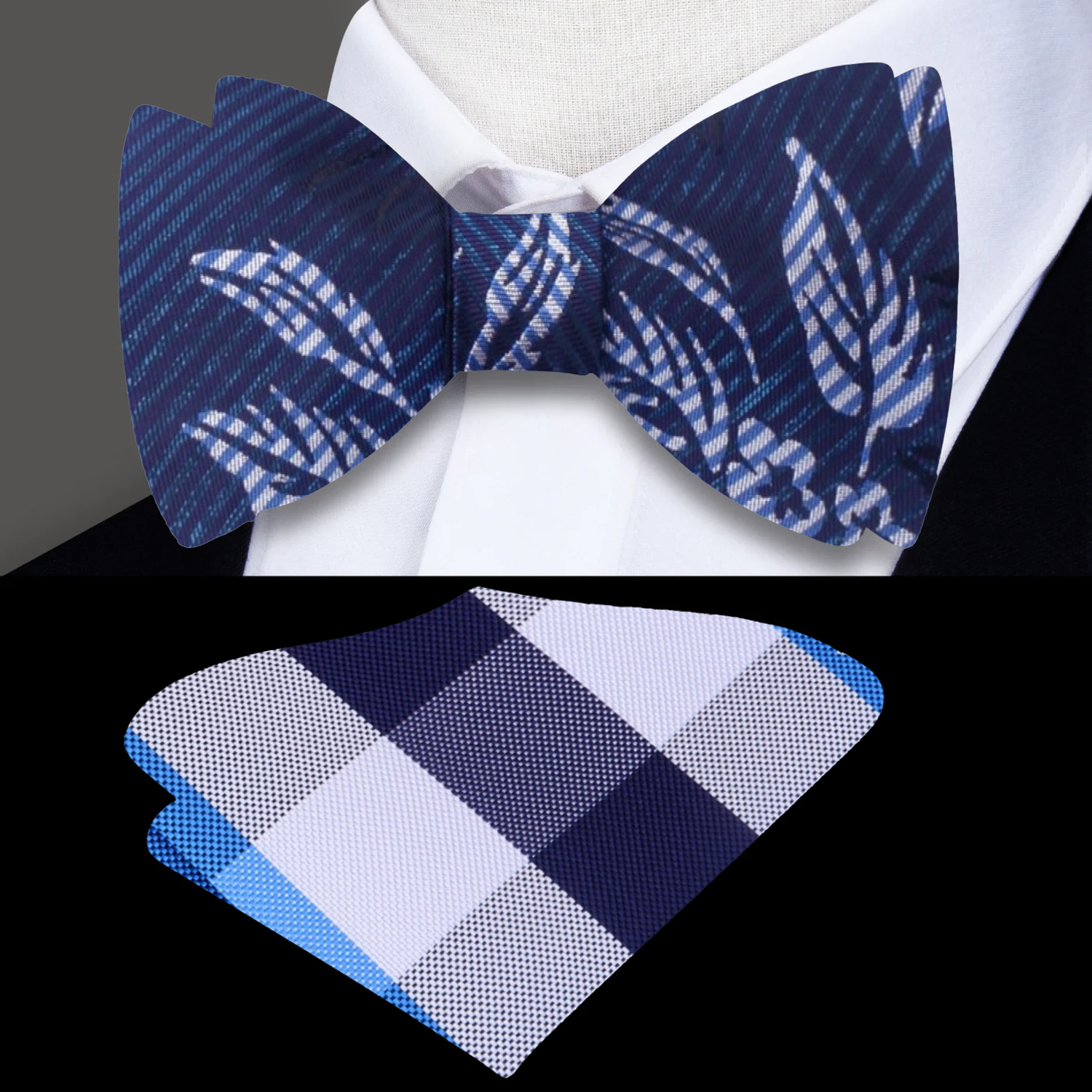 Blue, White Flowers Bow Tie with Blue White Plaid Square