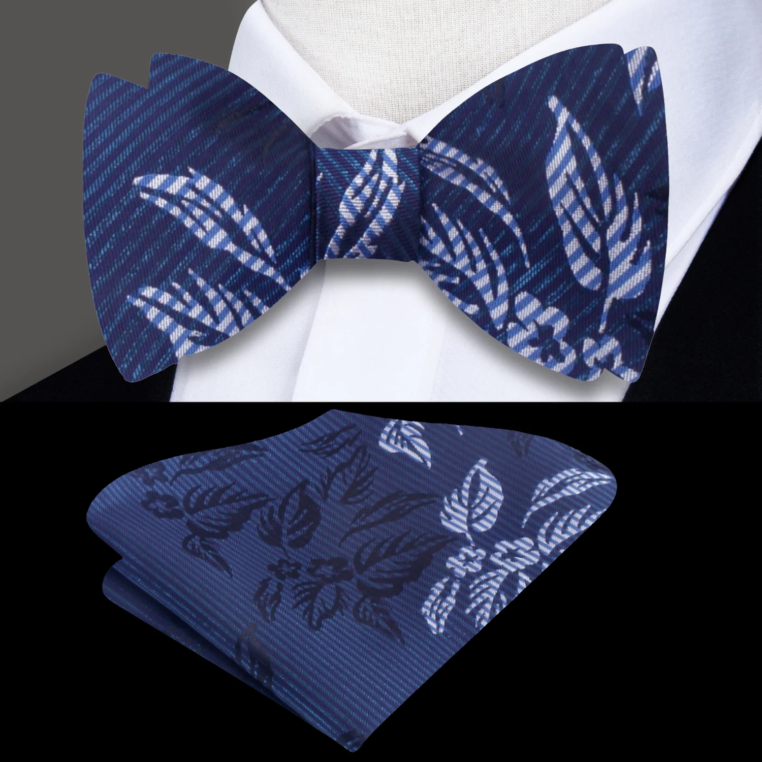 Blue, White Flowers Bow Tie with  Square