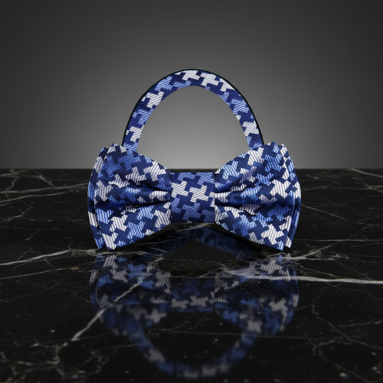Blue, Grey Geometric Hounds Tooth Stealth Bow Tie Pre Tied