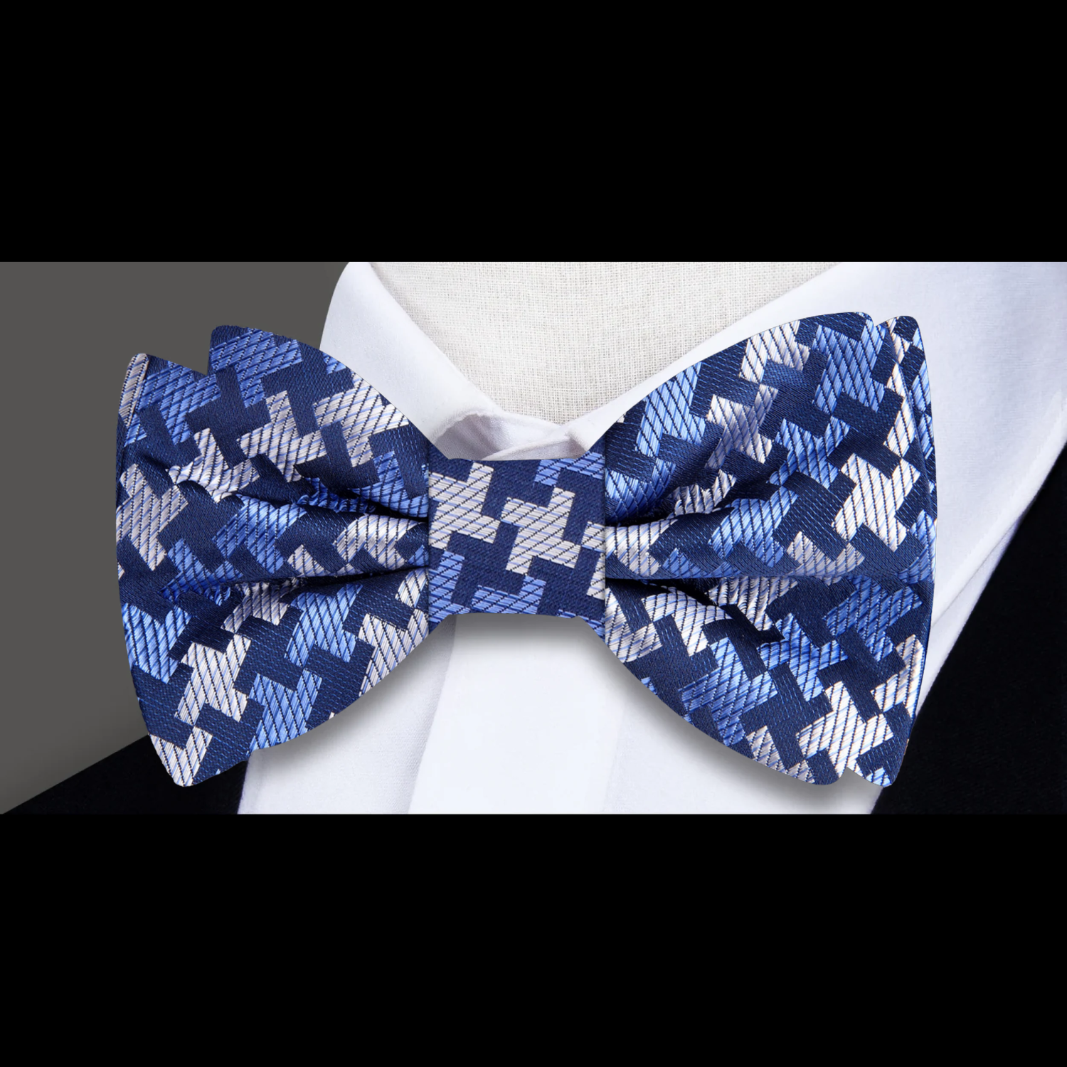 Blue, Grey Geometric Hounds Tooth Stealth Bow Tie