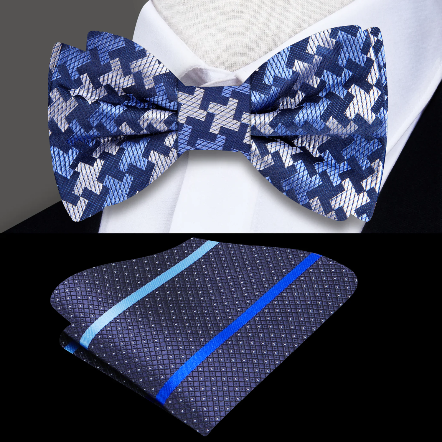 Blue, Grey Geometric Hounds Tooth Stealth Bow Tie and Accenting Square