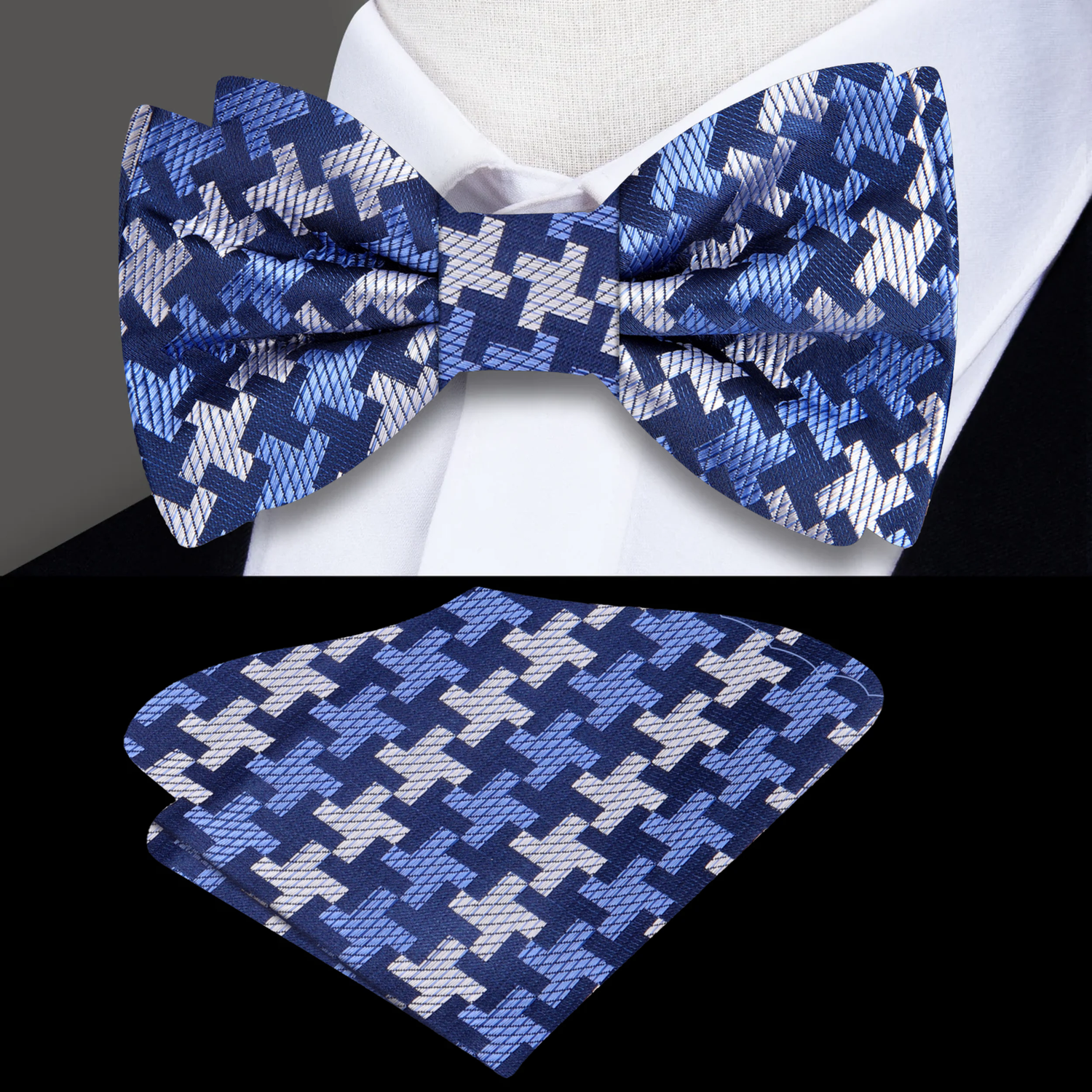 Blue, Grey Geometric Hounds Tooth Stealth Bow Tie and Square
