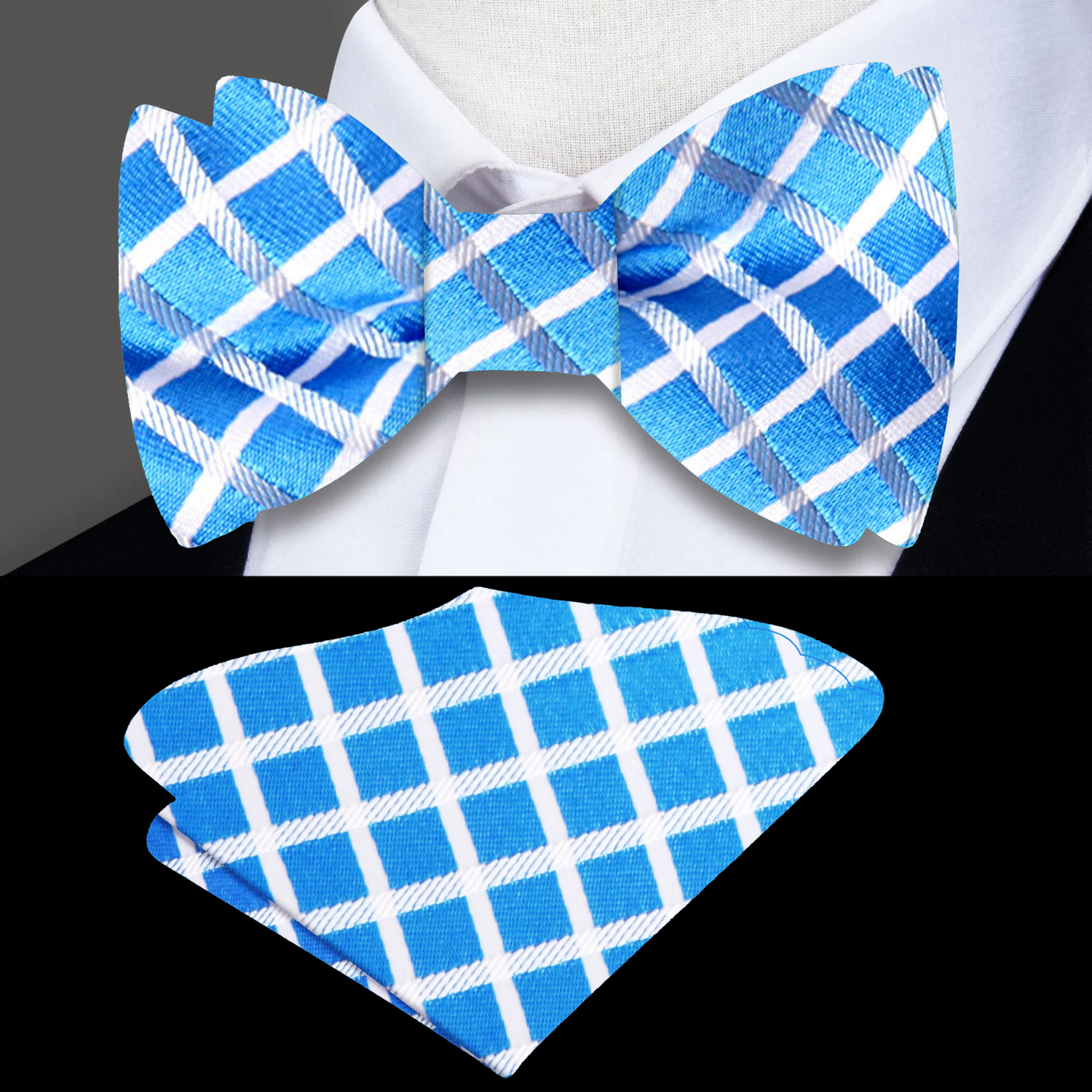 Main: A Light Blue, White Geometric Diamonds Pattern Self Tie Bow Tie, Matching Pocket Square