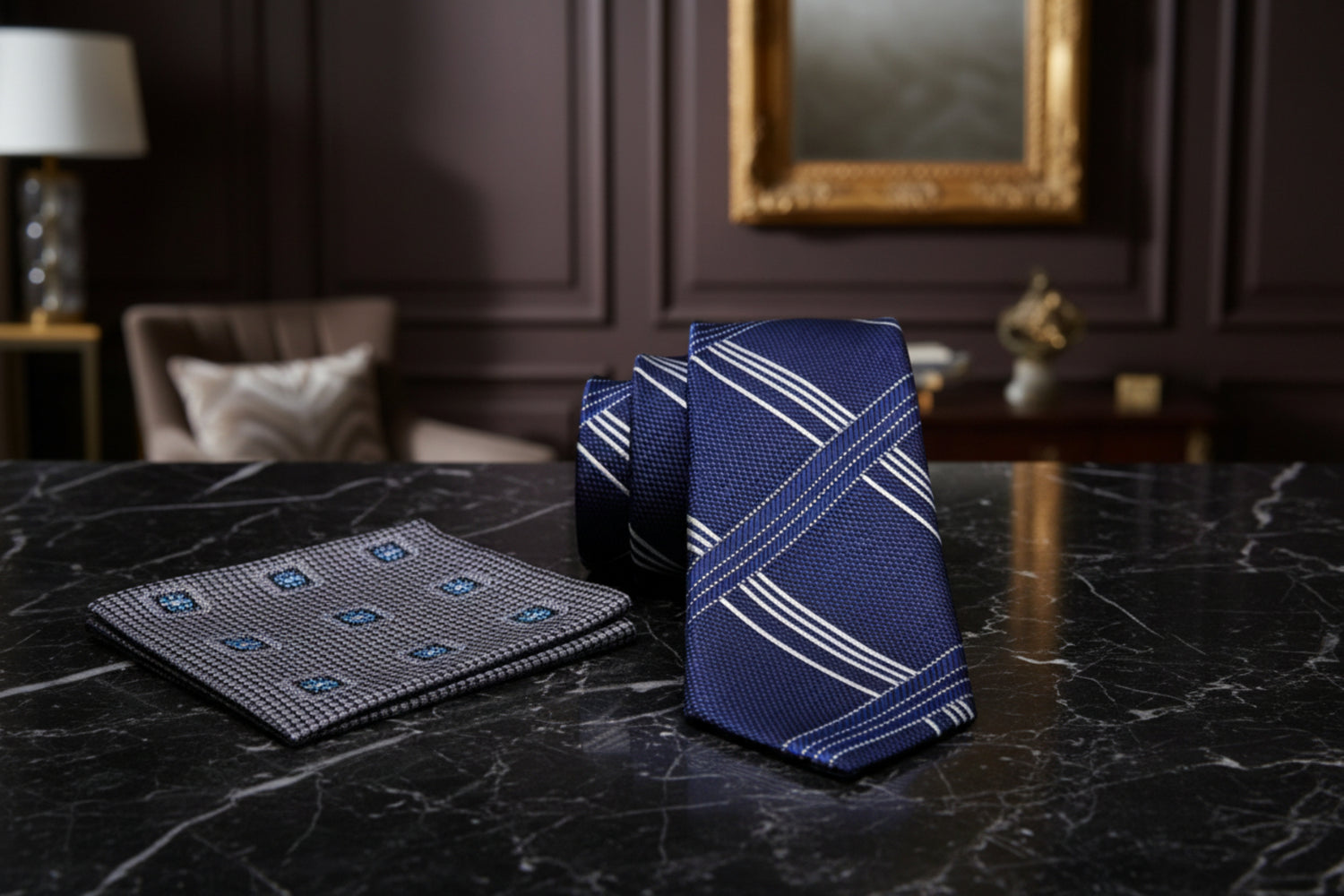 Navy blue tie with white stripes and patterned pocket square on a white background