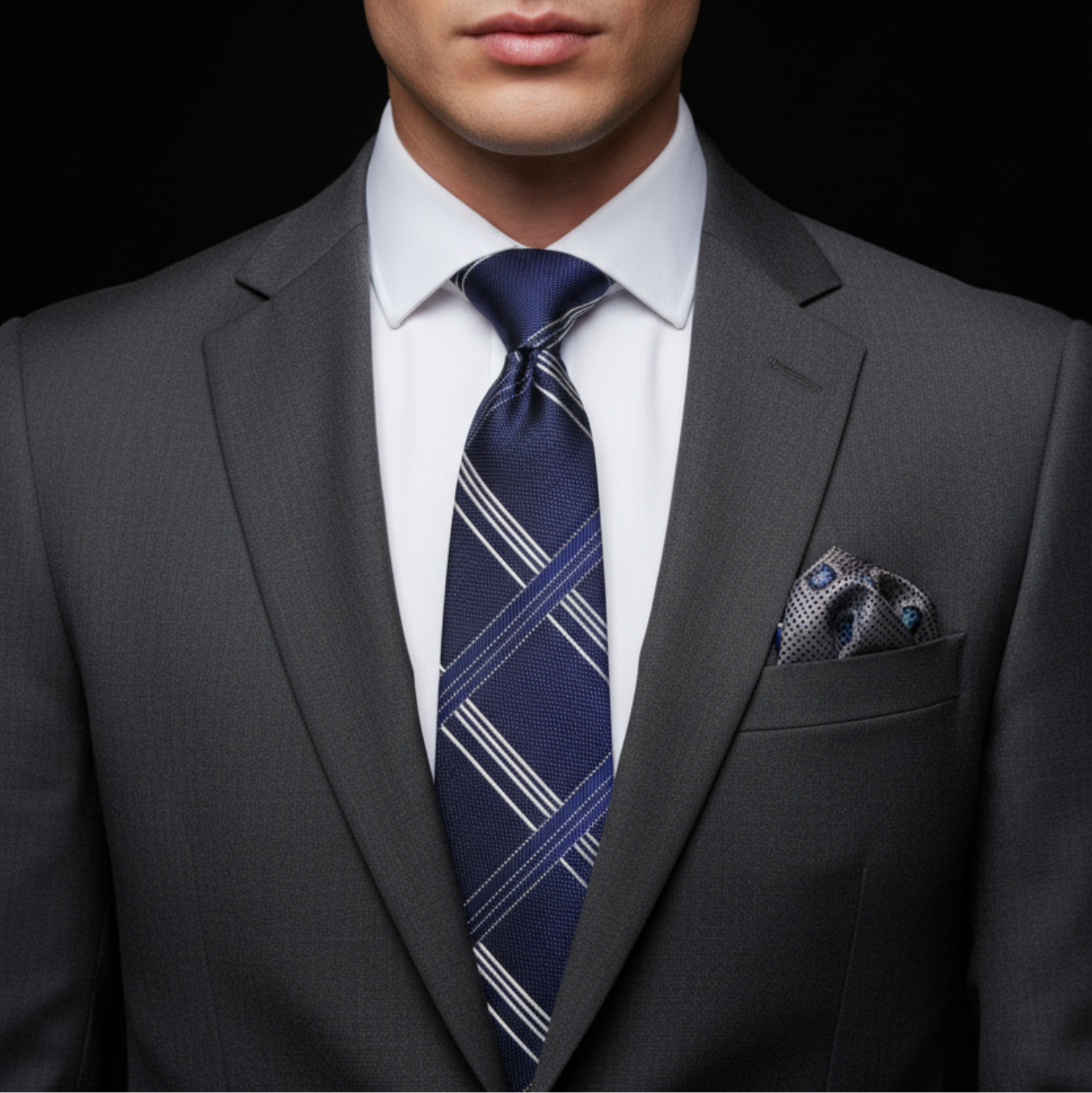 Man wearing a gray suit with a blue striped tie and pocket square on a black background