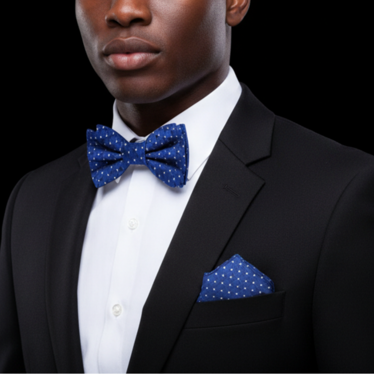 Man wearing a black suit with a blue polka dot bow tie and pocket square on a black background