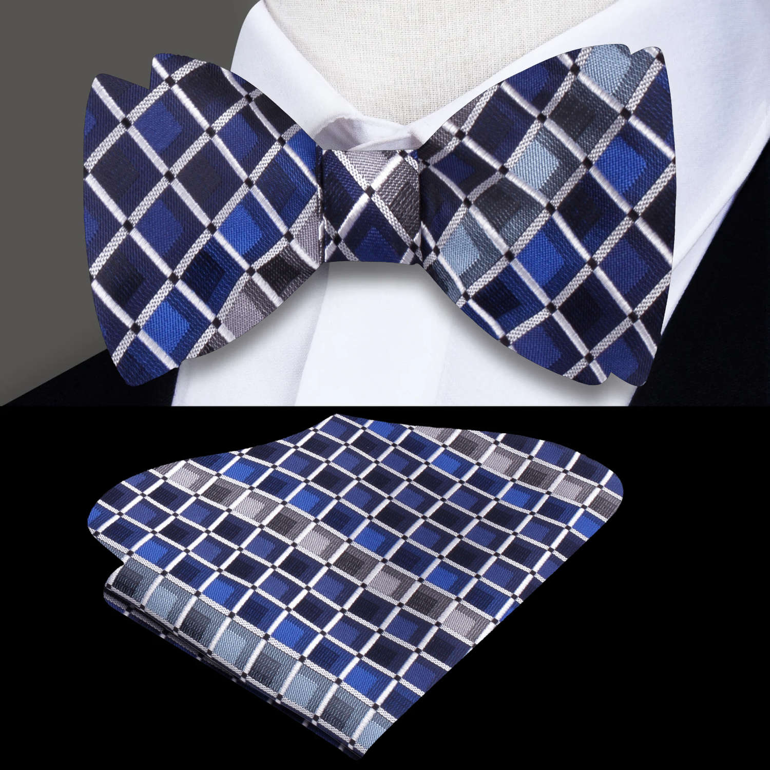 Blue, Grey, Black Check Bow Tie and Pocket Square||Blue, Grey, Black
