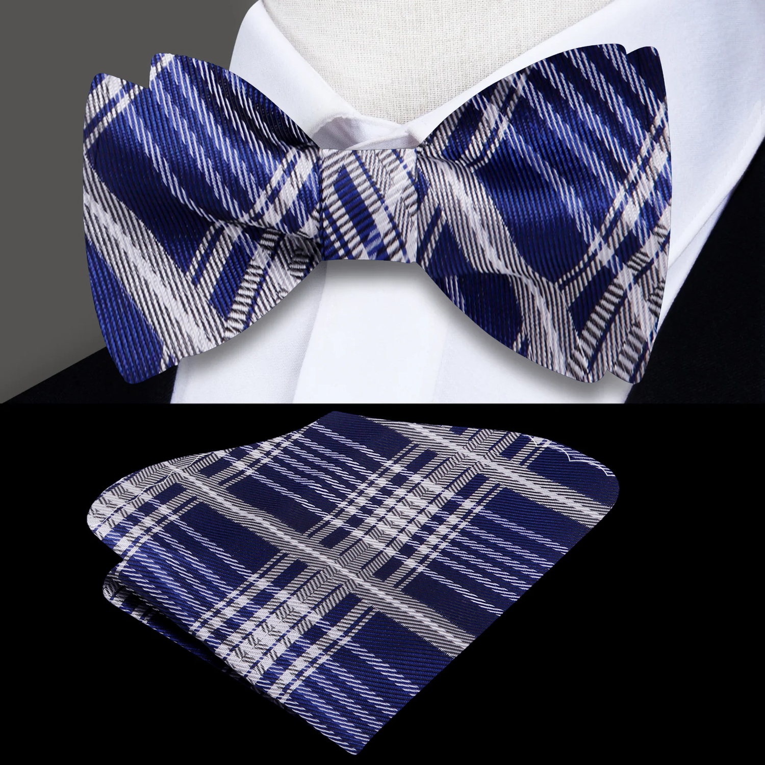 Main: A Blue, Grey Plaid Pattern Self Tie Bow Tie, Matching Pocket Square