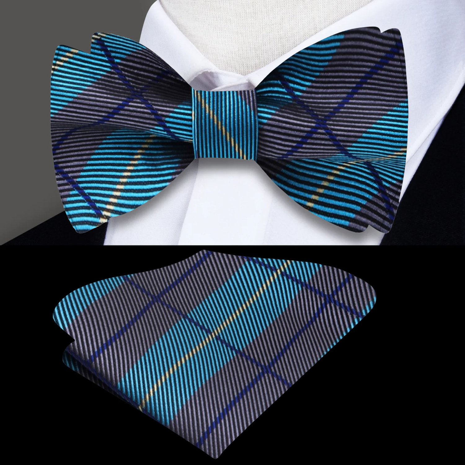 A Teal, Grey Plaid Pattern Self Tie Bow Tie, Matching Pocket Square