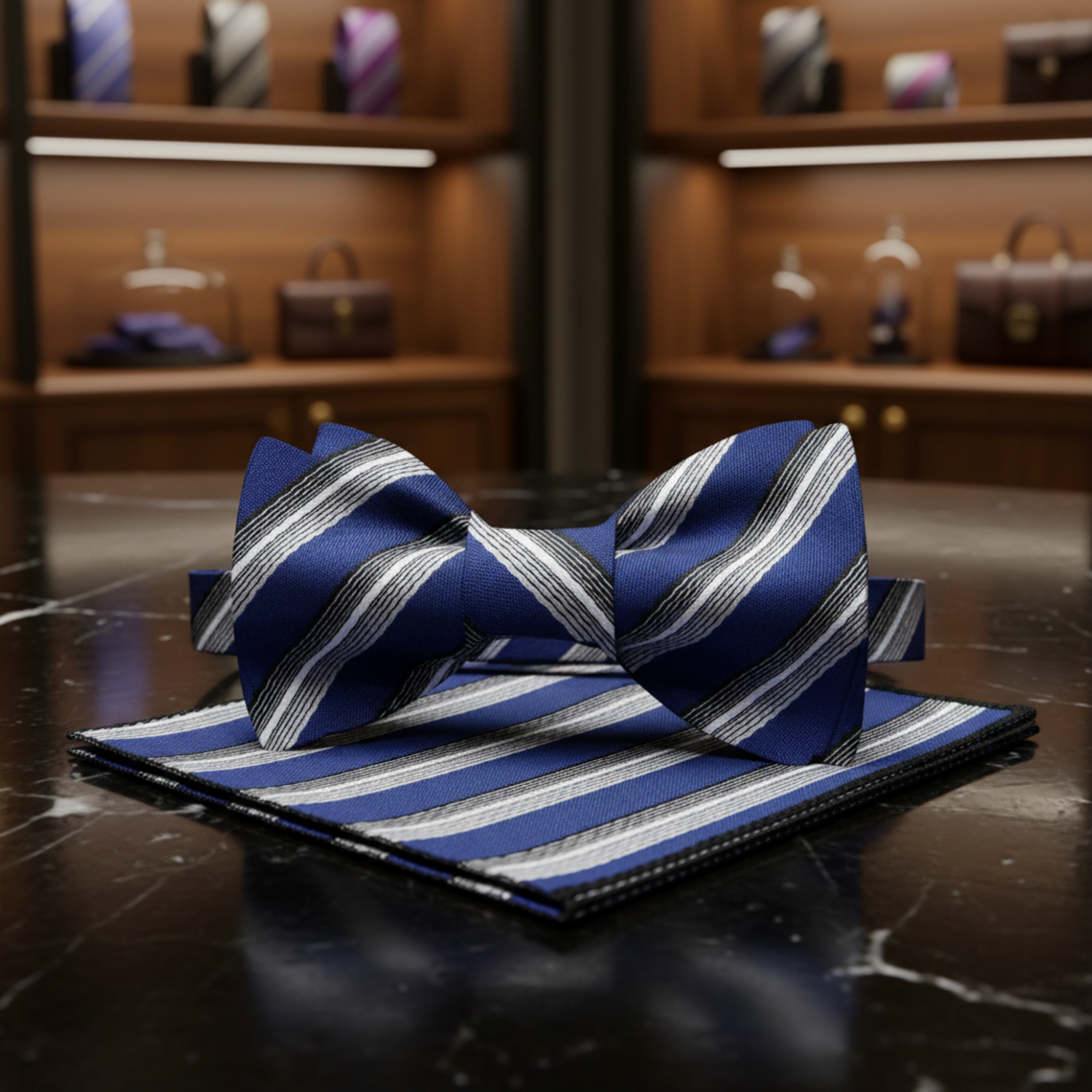 Main: Blue Grey and Black Platinum Stripe Bow Tie and Square