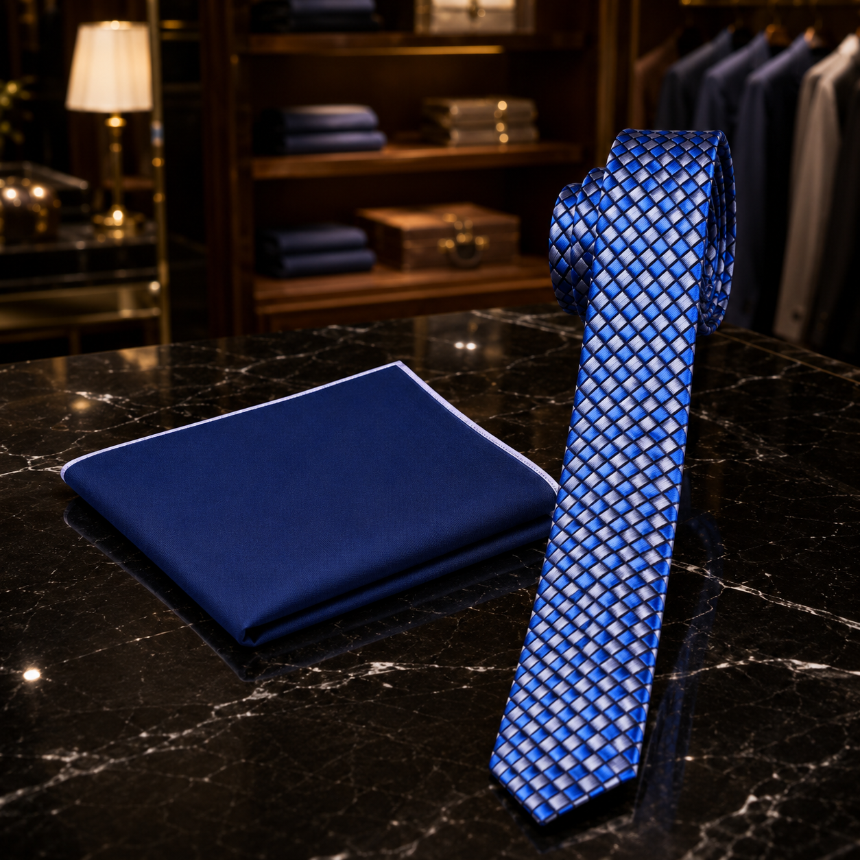 A blue patterned necktie and matching blue pocket square displayed on a dark marble surface in a refined interior setting.