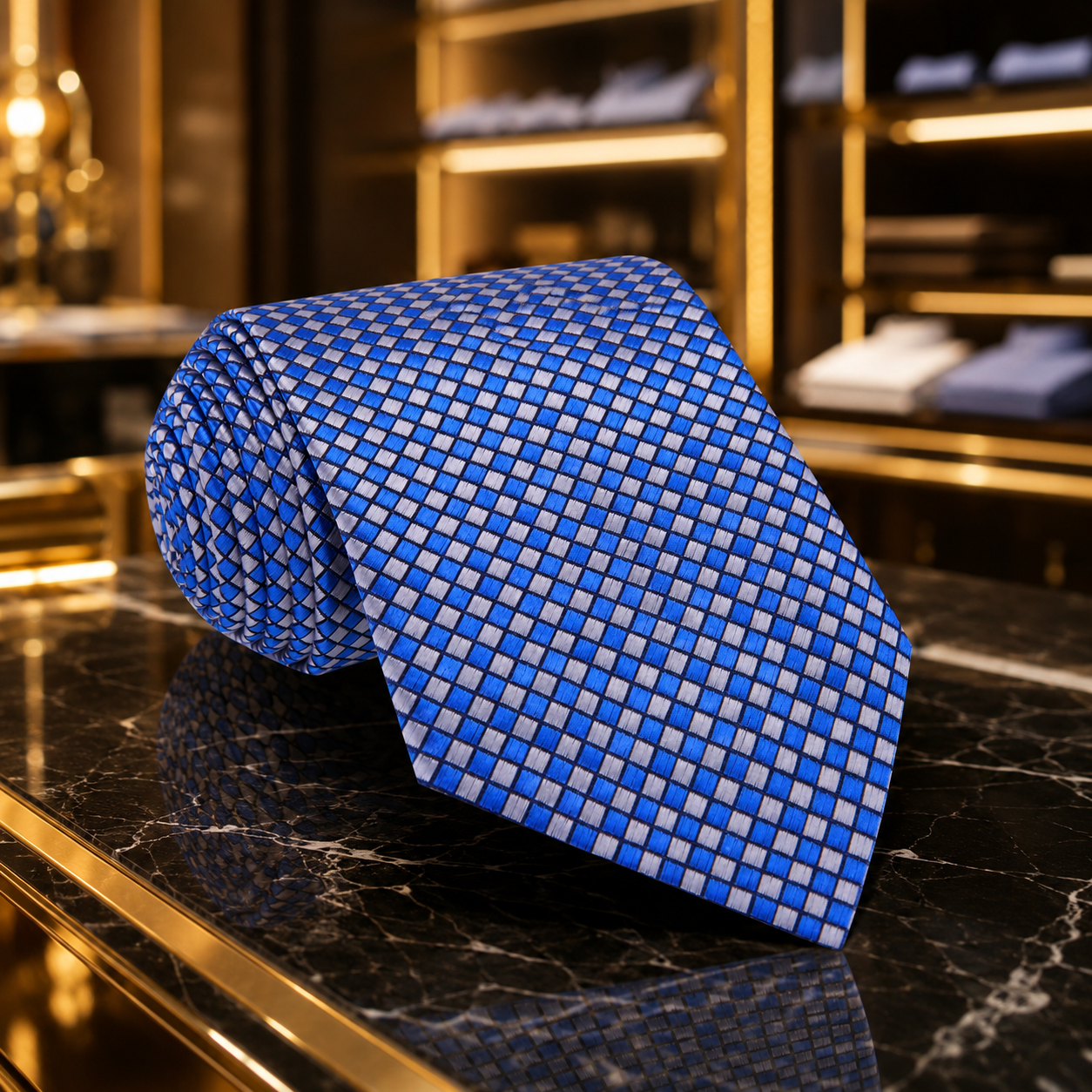 A blue and white checkered necktie displayed on a black marble countertop inside a luxury retail store with gold-framed shelves in the background.