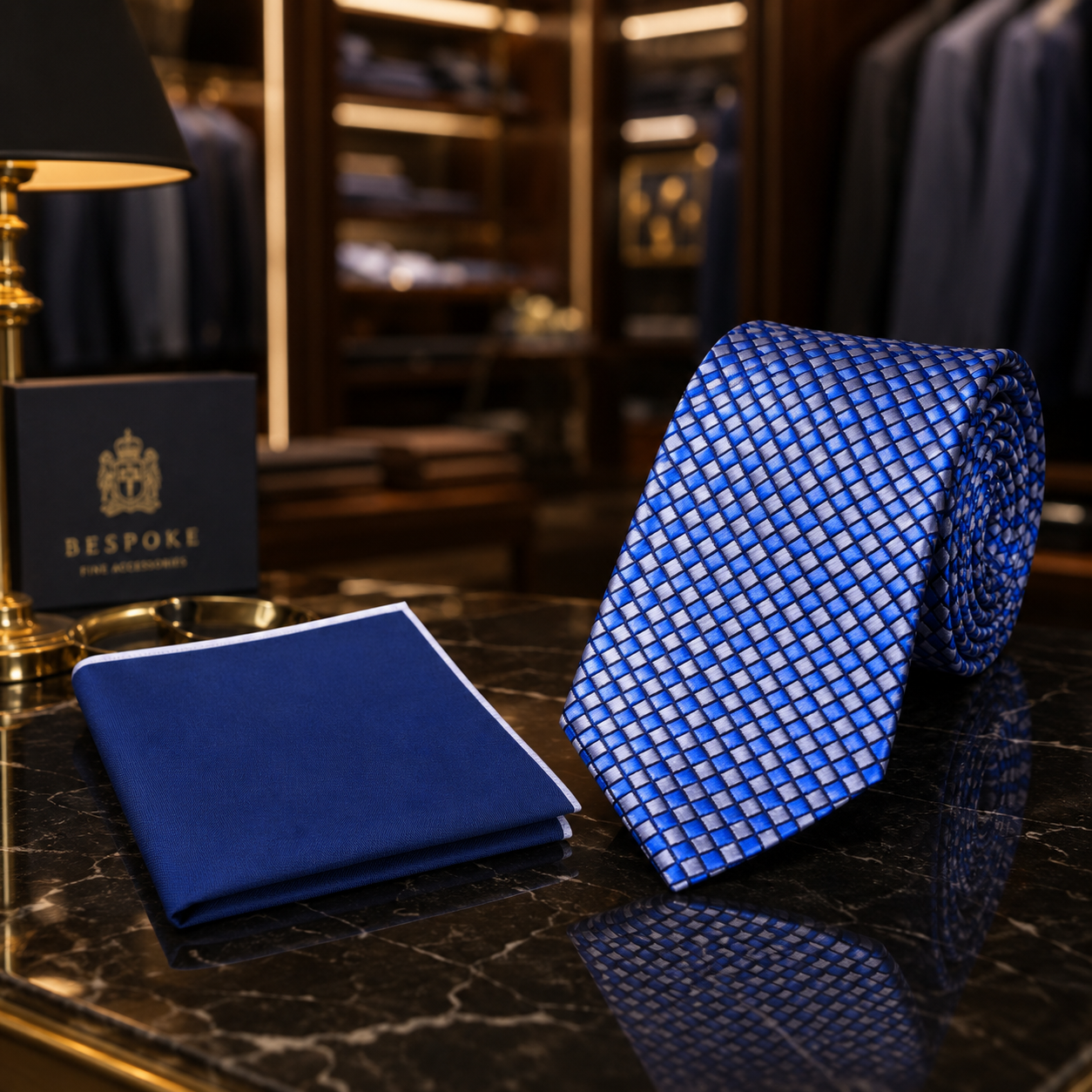 A blue necktie with a geometric pattern and a matching blue pocket square displayed on a dark marble surface, with a branded Bespoke box and a lamp in a luxury retail setting.