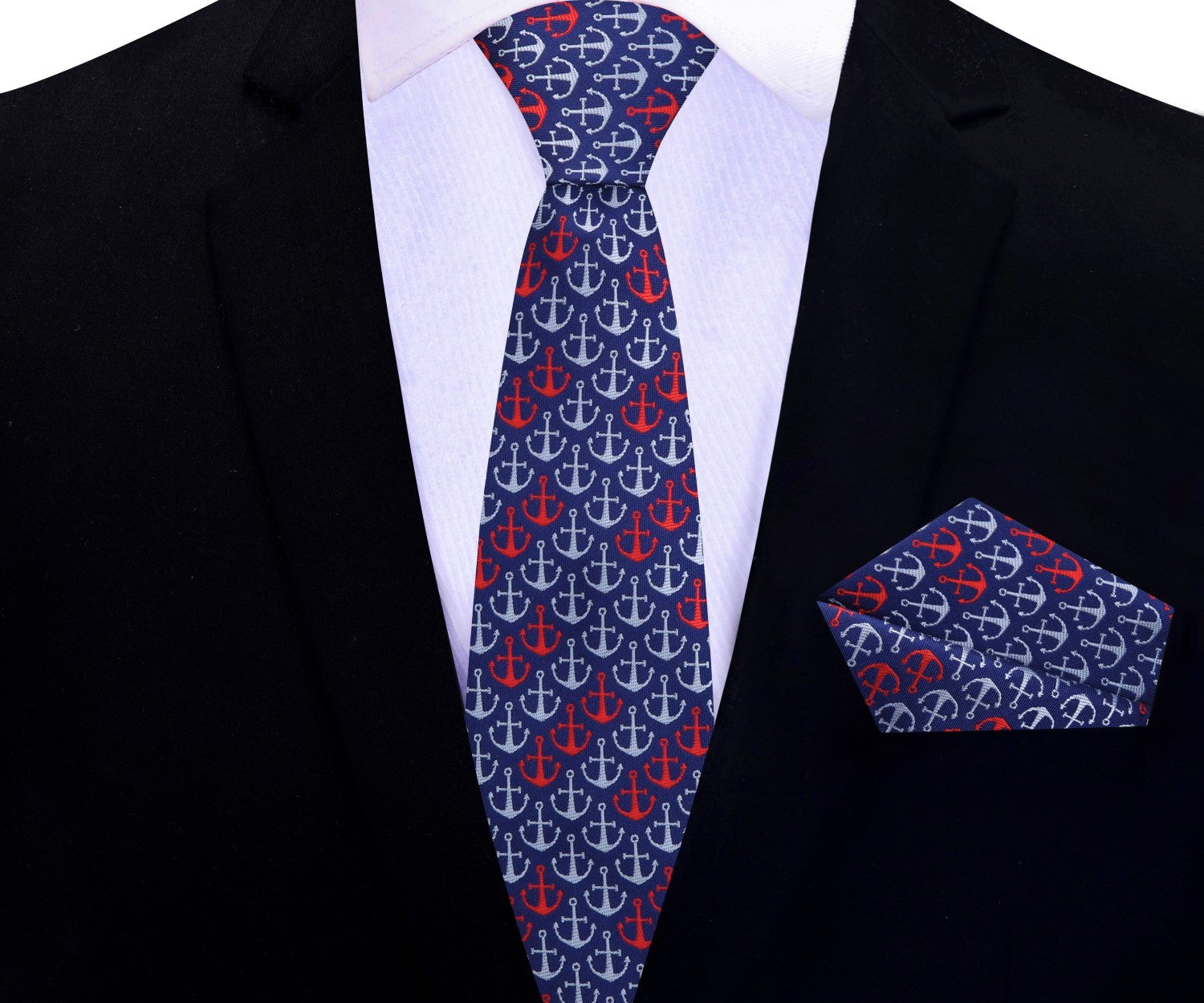 Thin: Blue, Red, Grey Anchors Thin Tie and Pocket Square