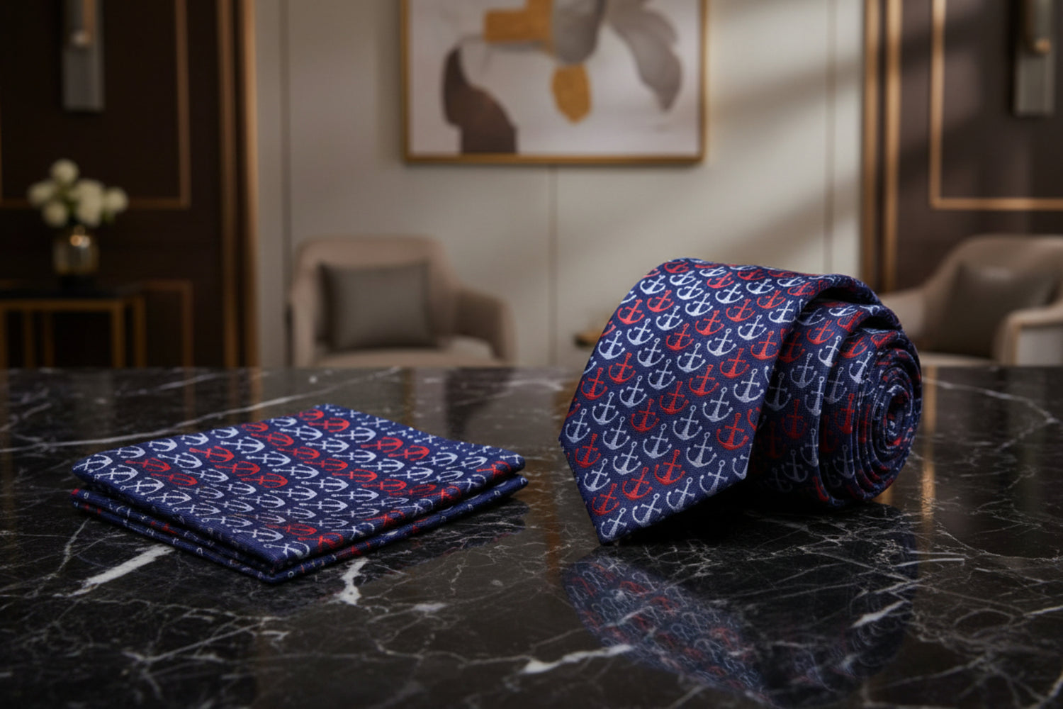 Alt View: Blue, Red, Grey Anchors Thin Tie and Pocket Square