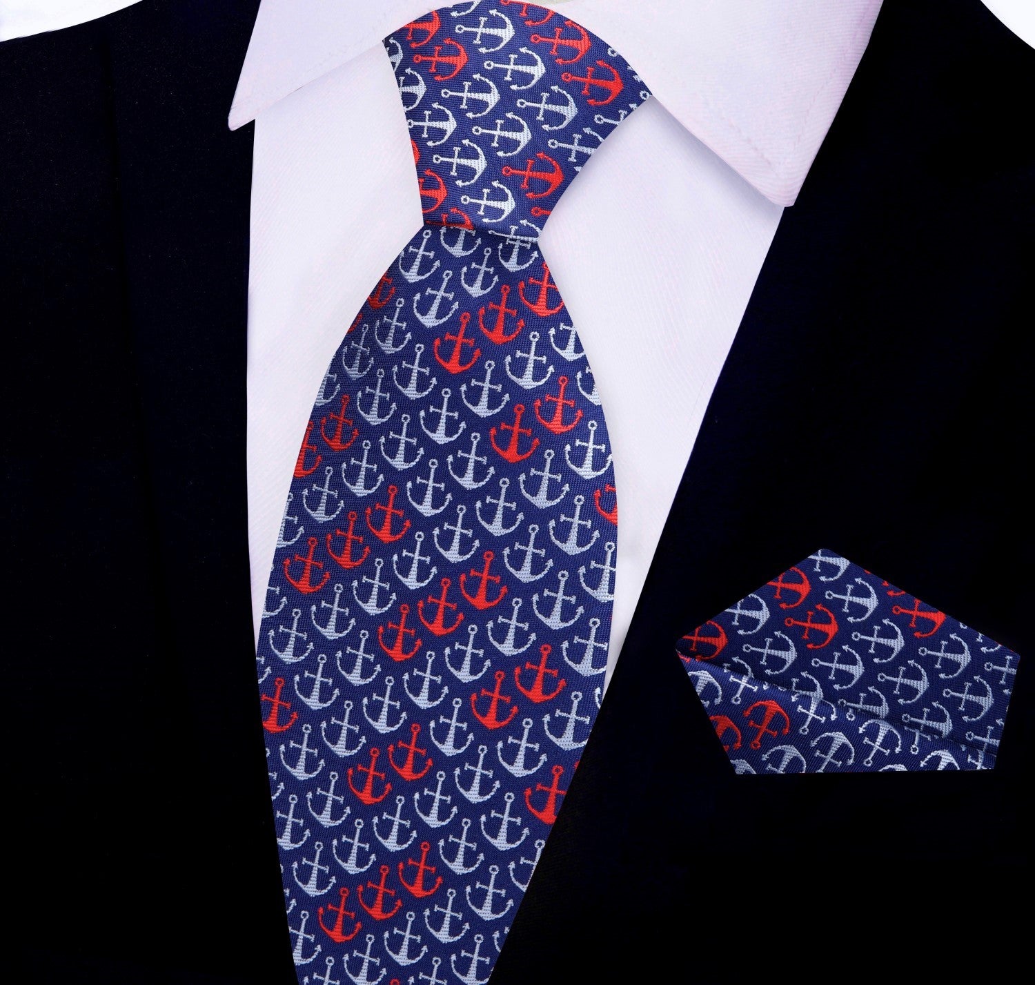 View 2: Blue, Red, Grey Anchors Thin Tie and Pocket Square