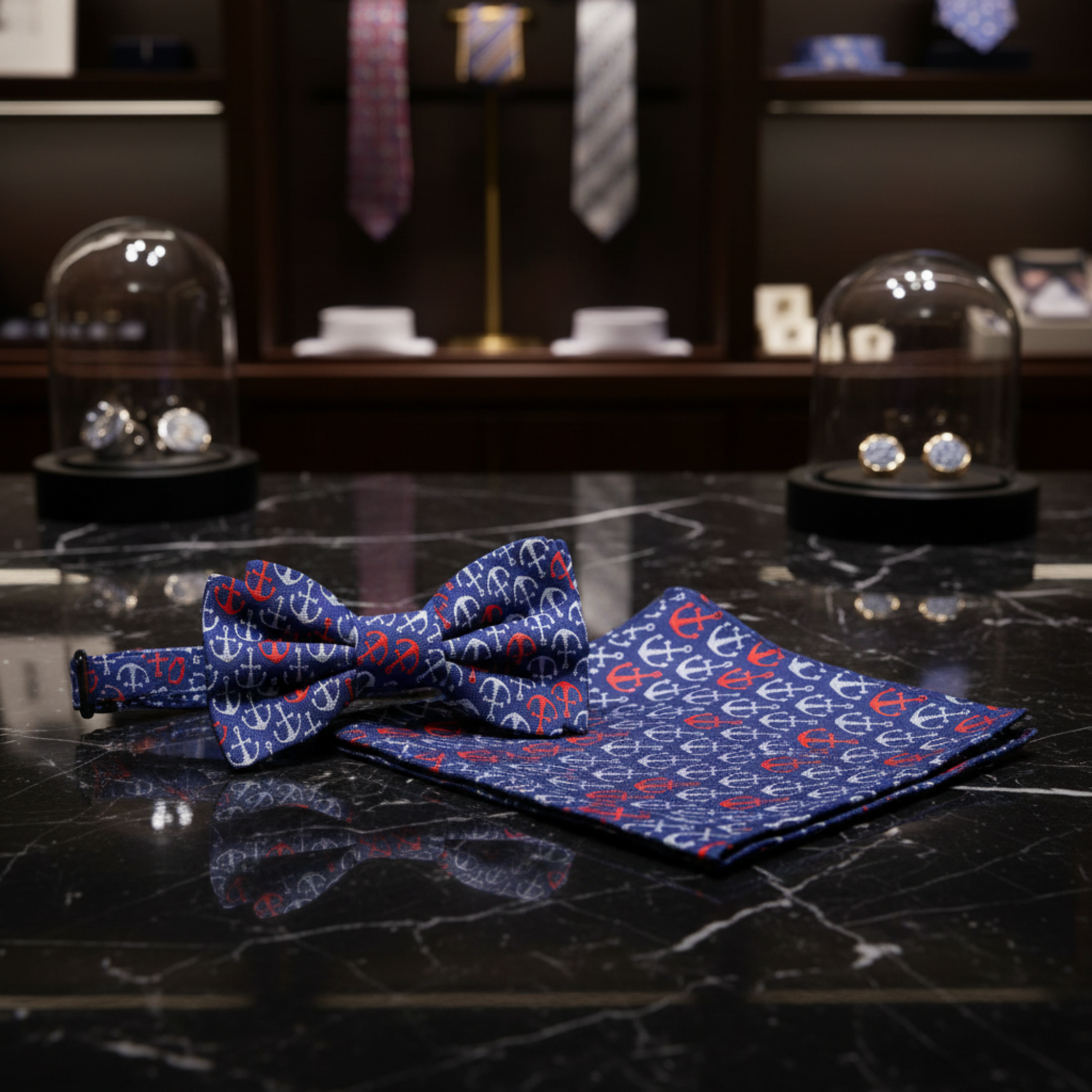 Blue, Red, Grey Anchors Bow Tie And Pocket Square