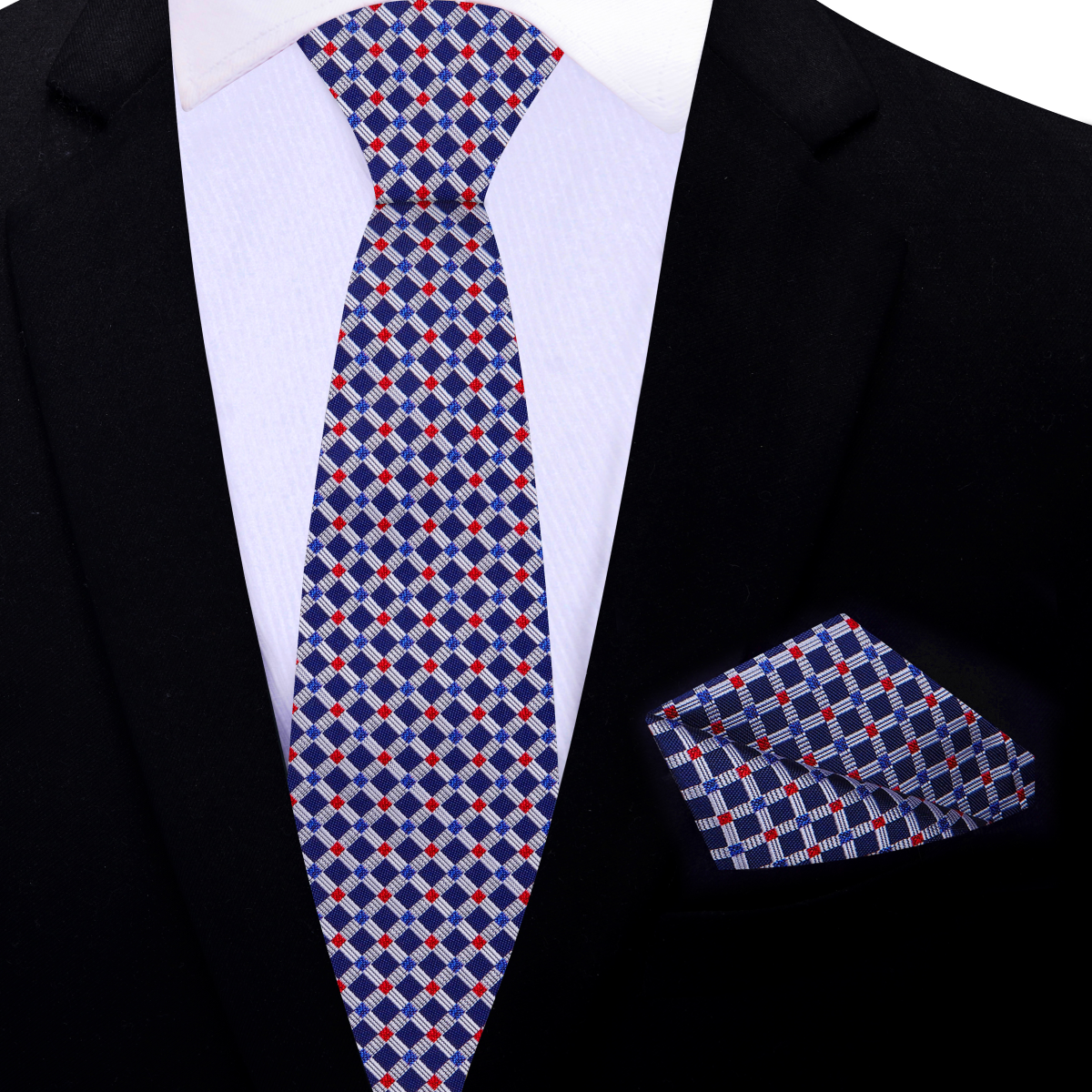 Thin: Blue, Red, Grey Check Necktie and Square