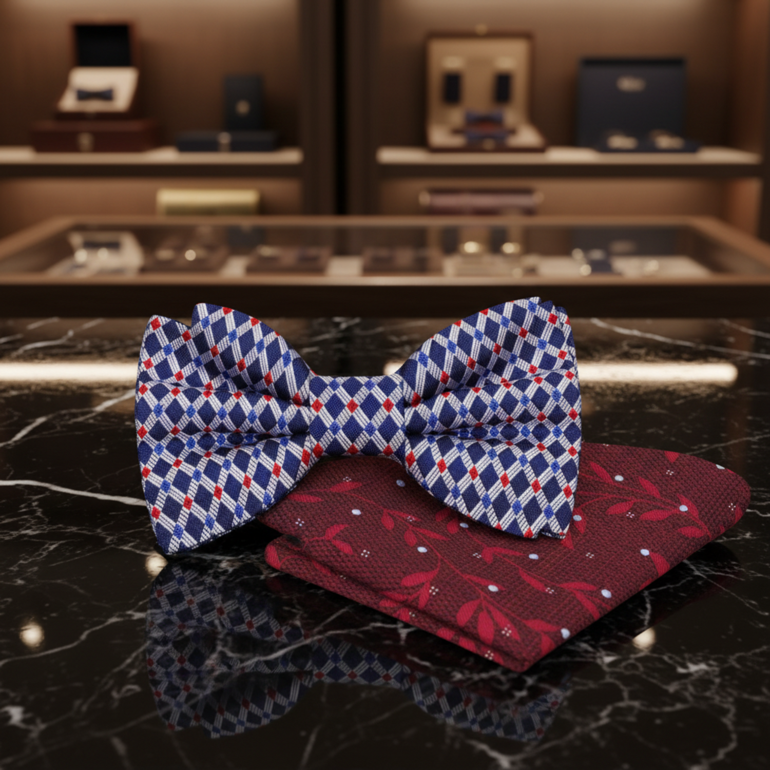 Blue, Red, Grey Geometric Bow Tie and Accenting Deep Red Vine Pocket Square