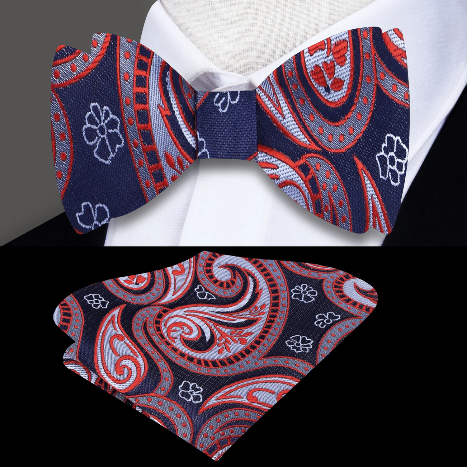 A Red, Blue Paisley Pattern Self Tie Bow Tie, Matching Pocket Square
