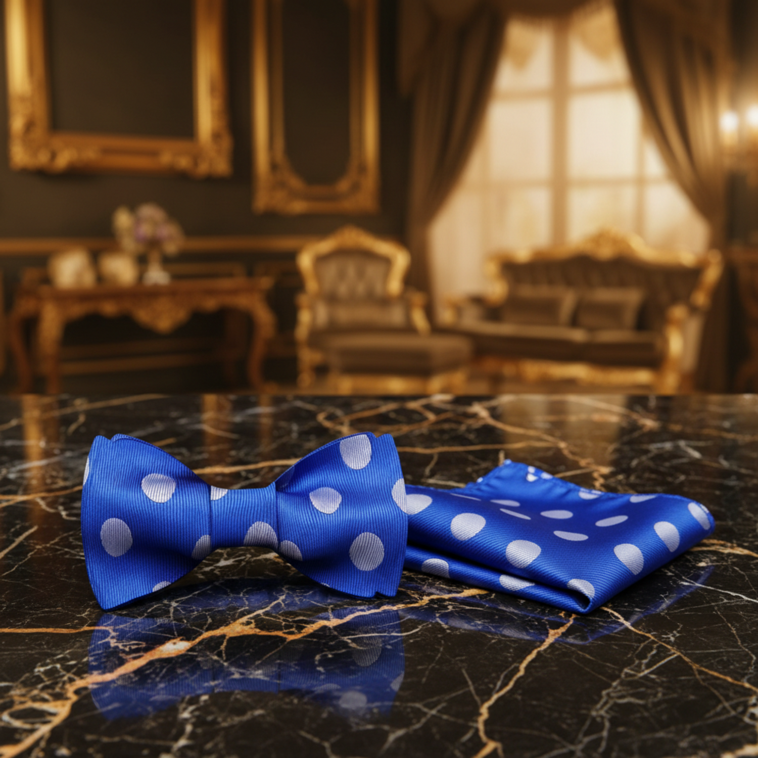 Main: A Blue, Grey Polka Pattern Pre Tied Bow Tie, Matching Pocket Square