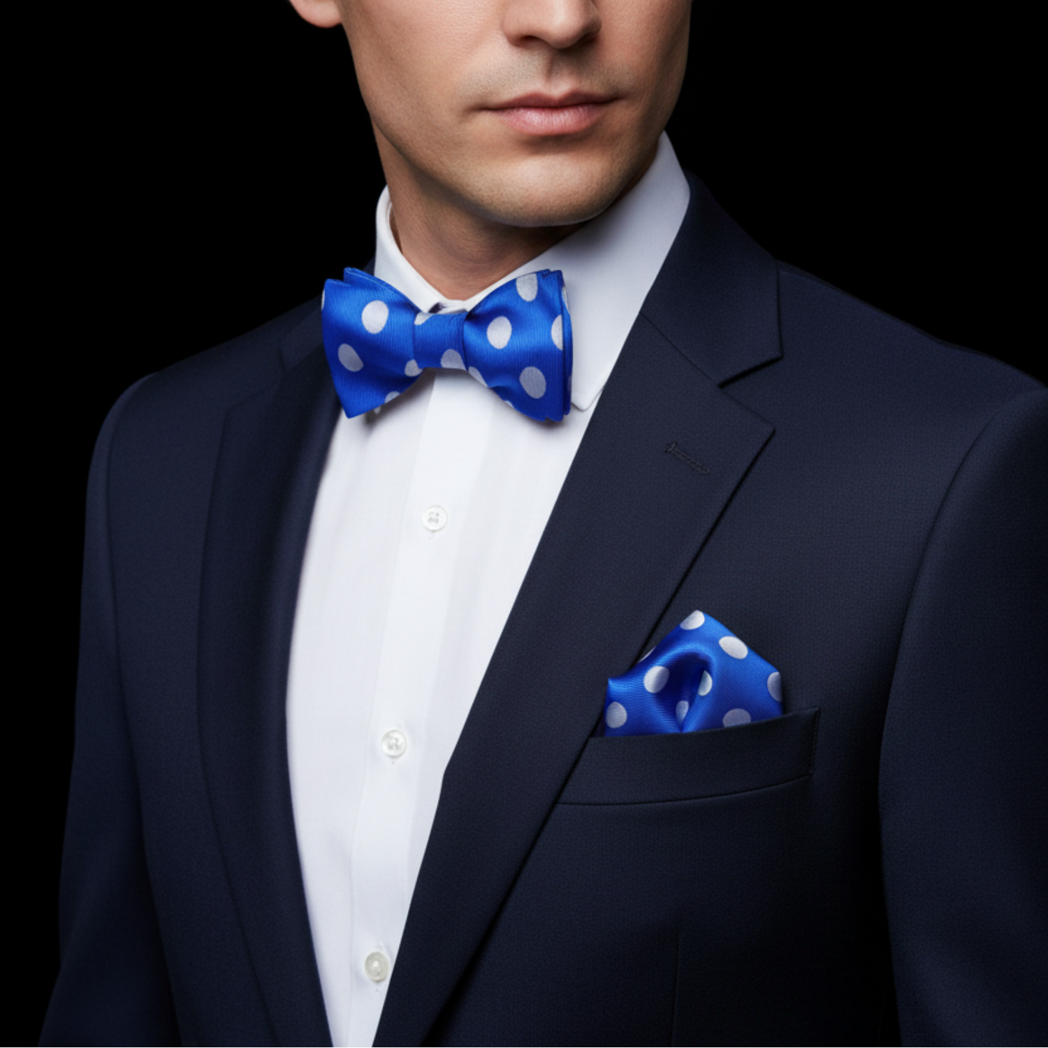 Man wearing a navy suit with a blue polka dot bow tie and pocket square on a black background