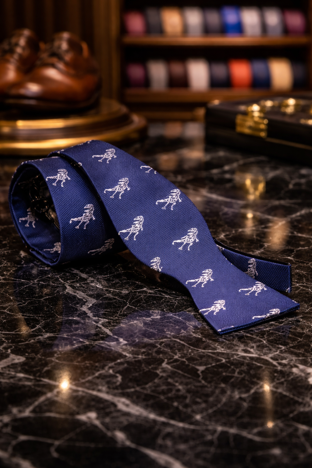 Blue tie with white patterns on a dark marble surface
