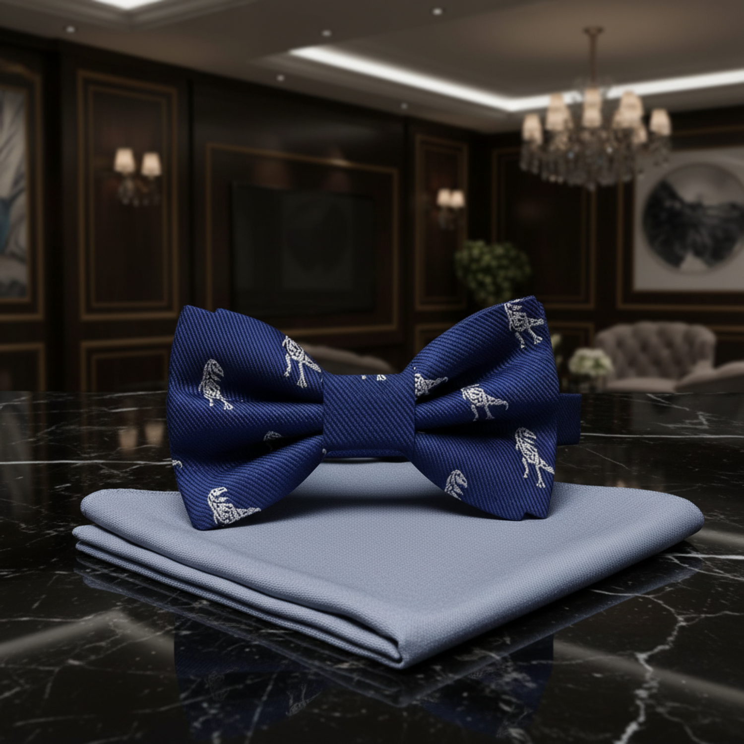 Blue, Grey T-Rex Bow Tie and Grey Square