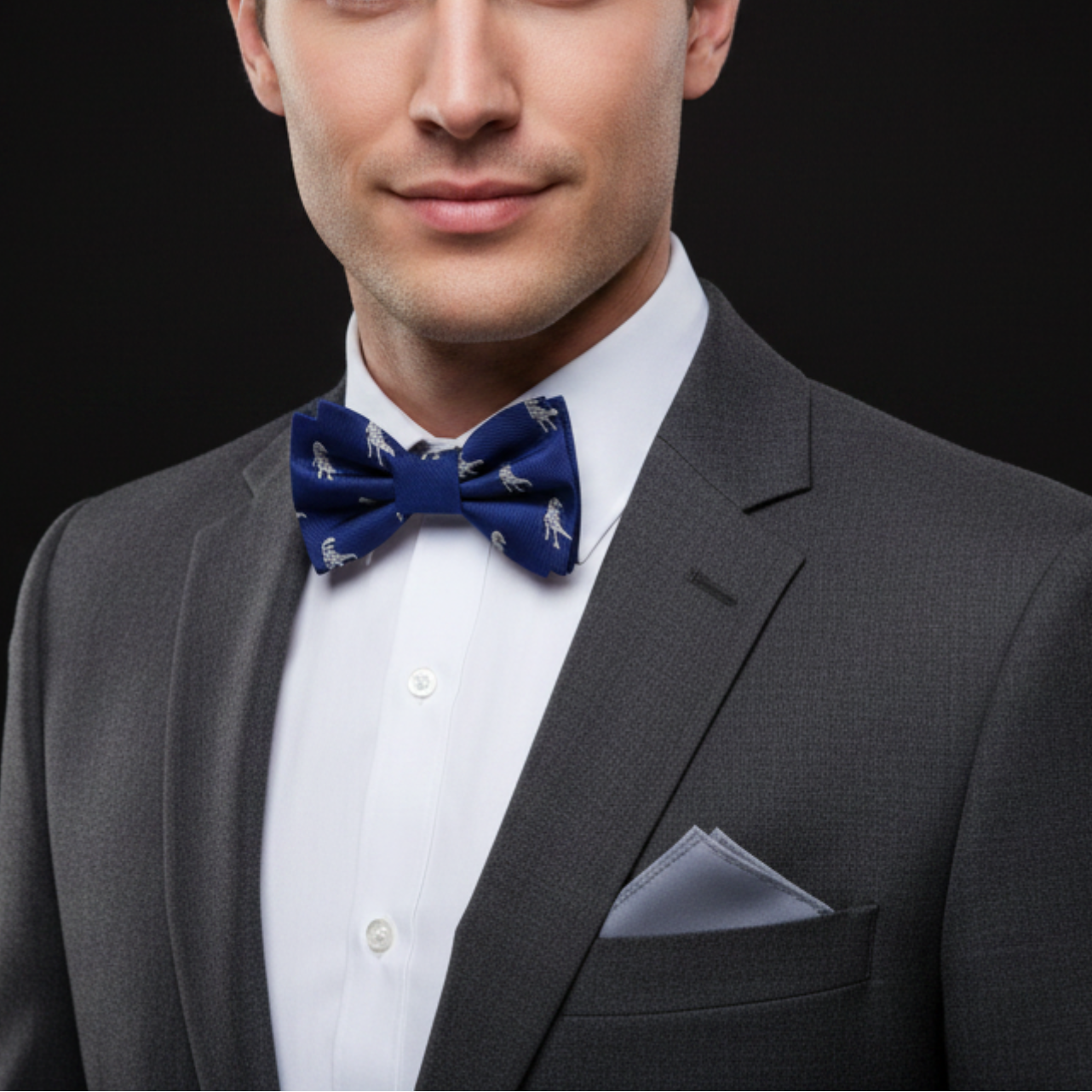 Man wearing a gray suit with a white shirt and blue bow tie on a black background