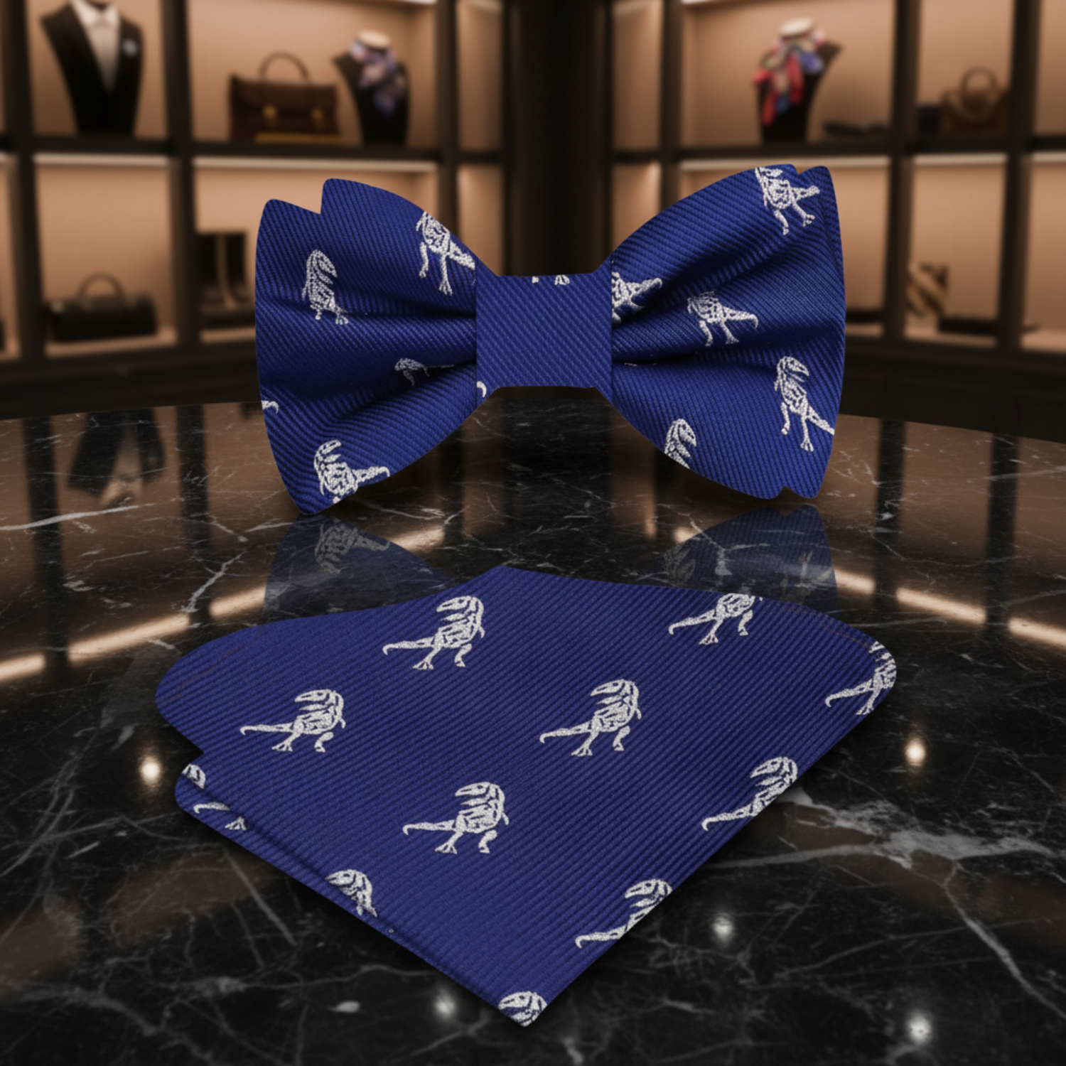 Blue, Grey T-Rex Bow Tie and Matching Square