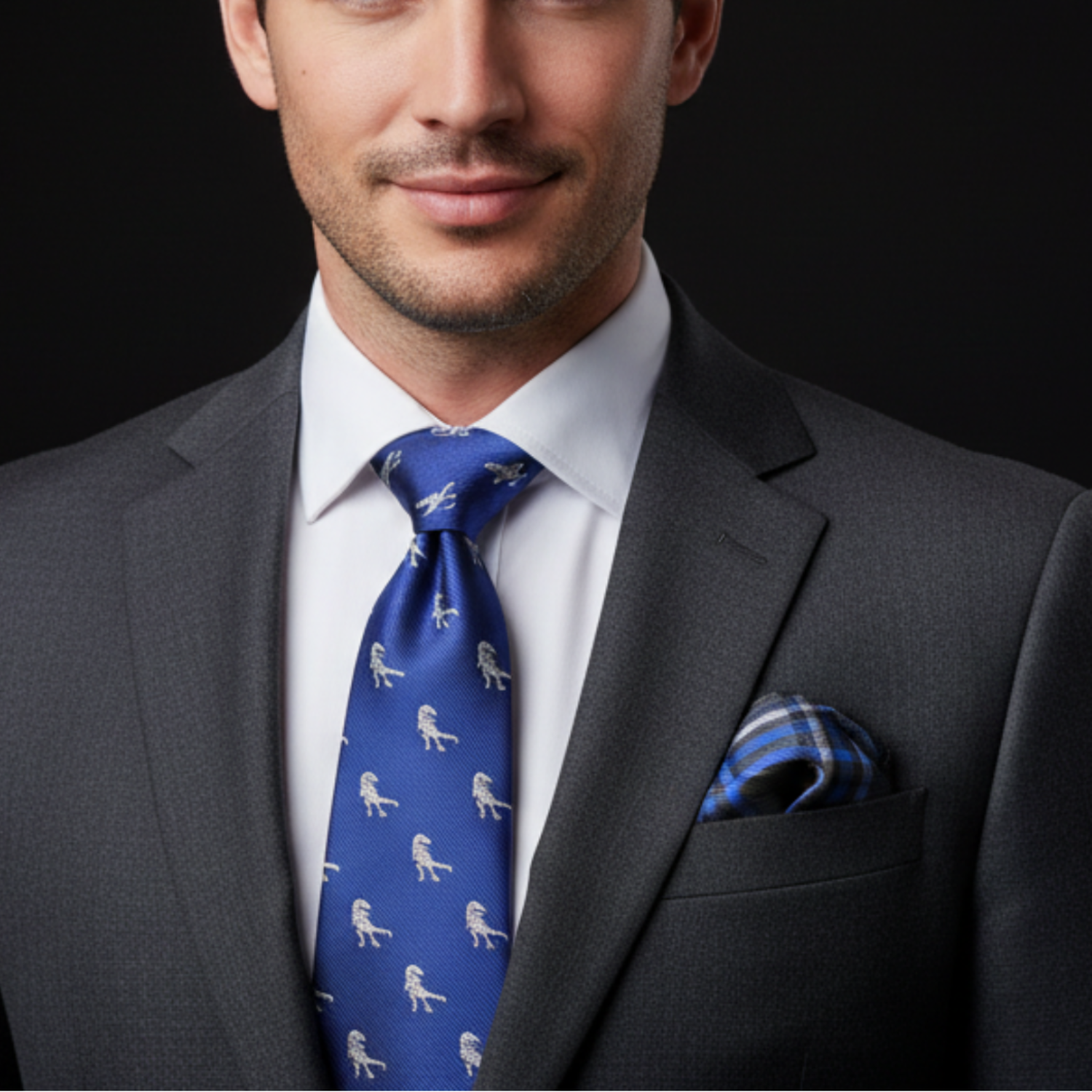 Man wearing a gray suit with a blue tie and pocket square on a black background