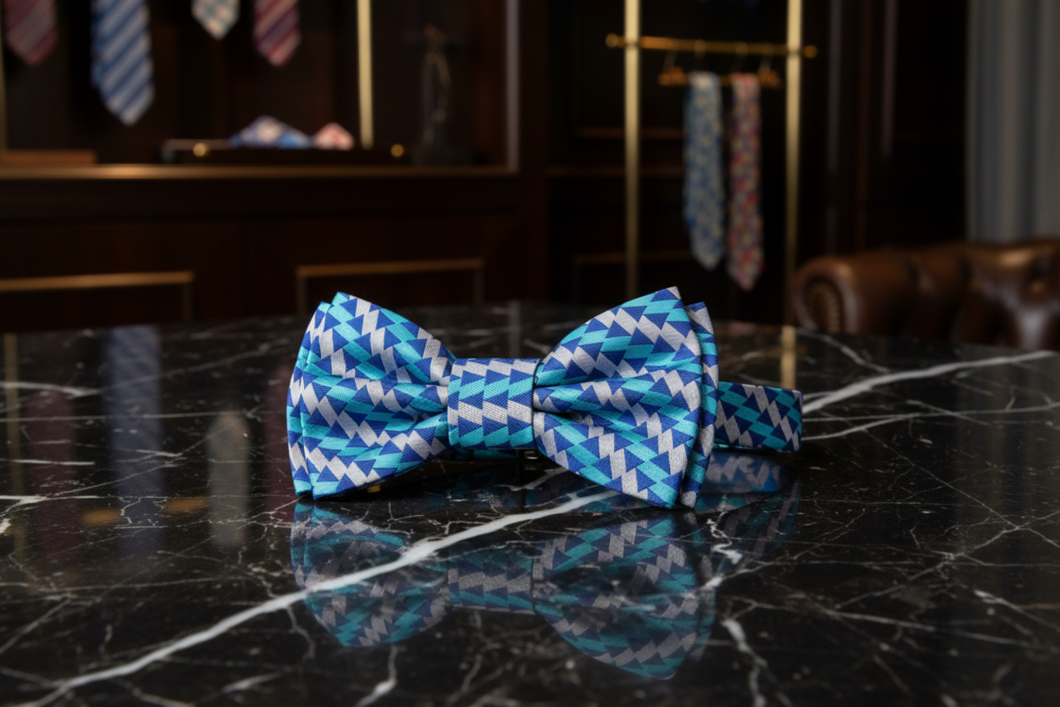 Blue, Light Blue, Grey Geometric Bow tie Pre Tied