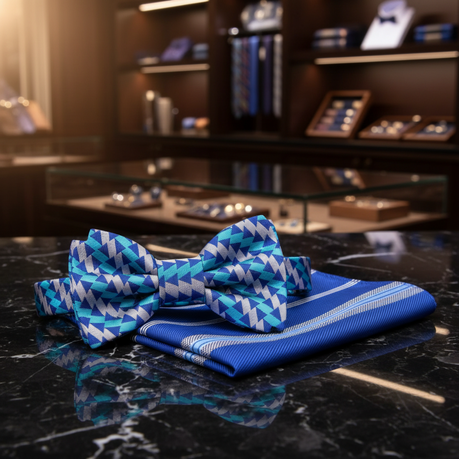 Blue Grey Triangles Bow Tie and Accenting Square