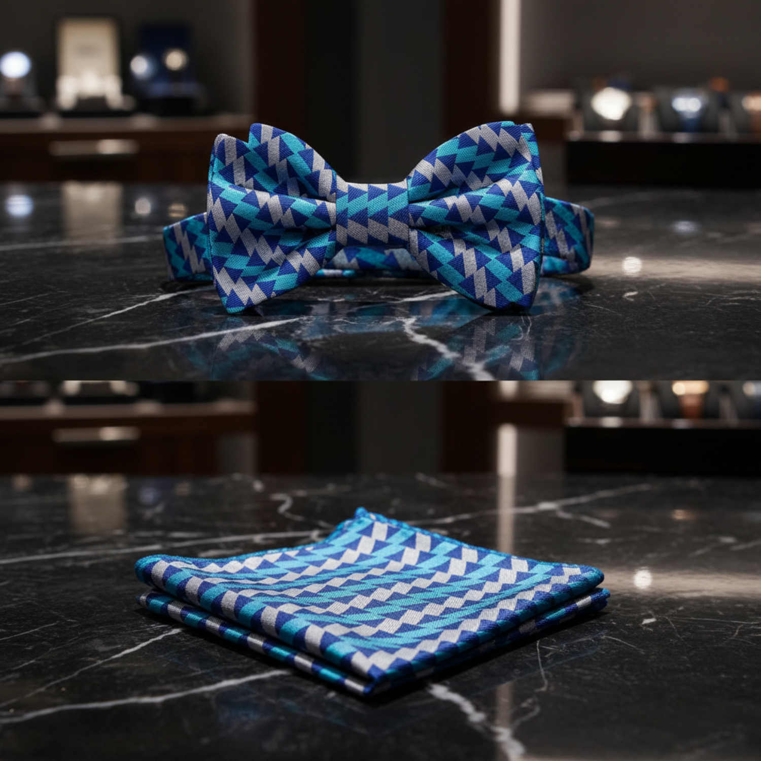 Blue, Light Blue, Grey Geometric Bow tie and pocket square