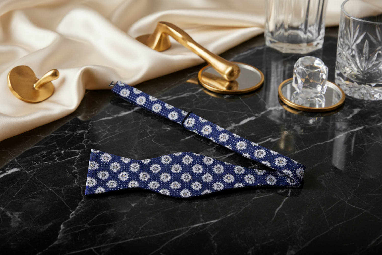 A Dark Blue, White, Yellow Circular Abstract Pattern Silk Self Tie Bow Tie Self Tie