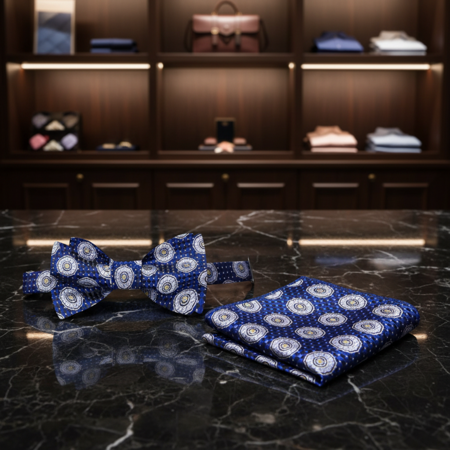 A Dark Blue, White, Yellow Circular Abstract Pattern Self Tie Bow Tie With Matching Pocket Square