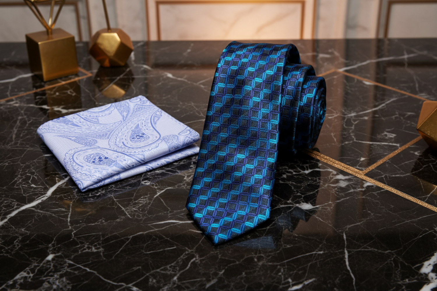 Alt Shades of Blue Geometric necktie and Accenting Square