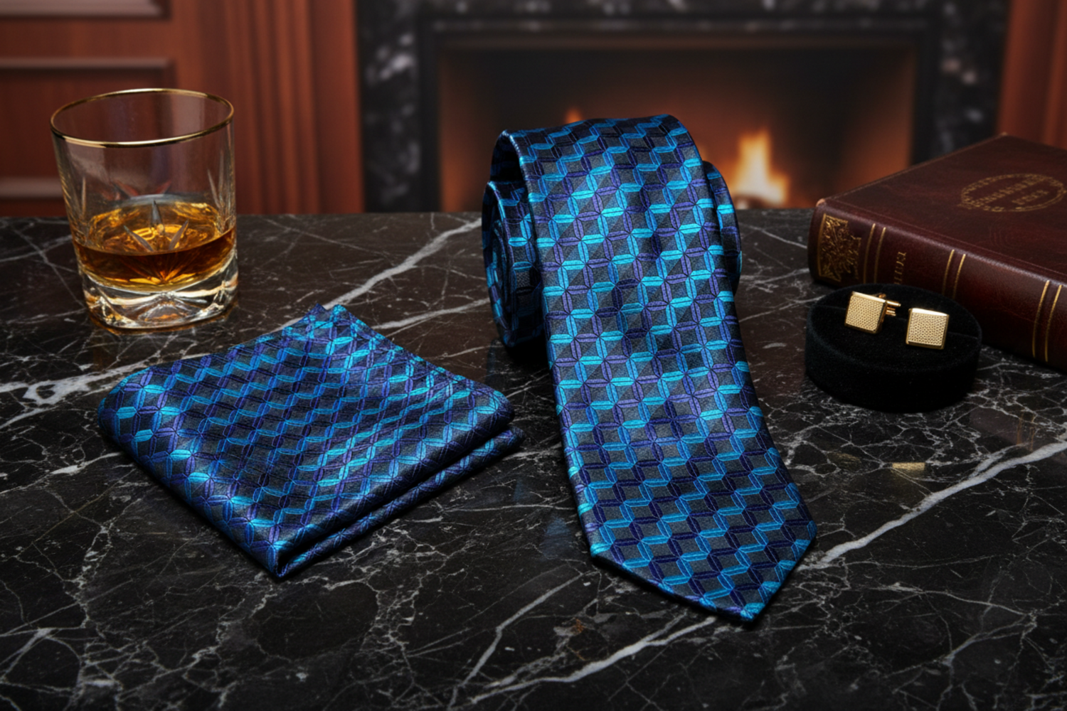 Shades of Blue Geometric necktie and Square Alt