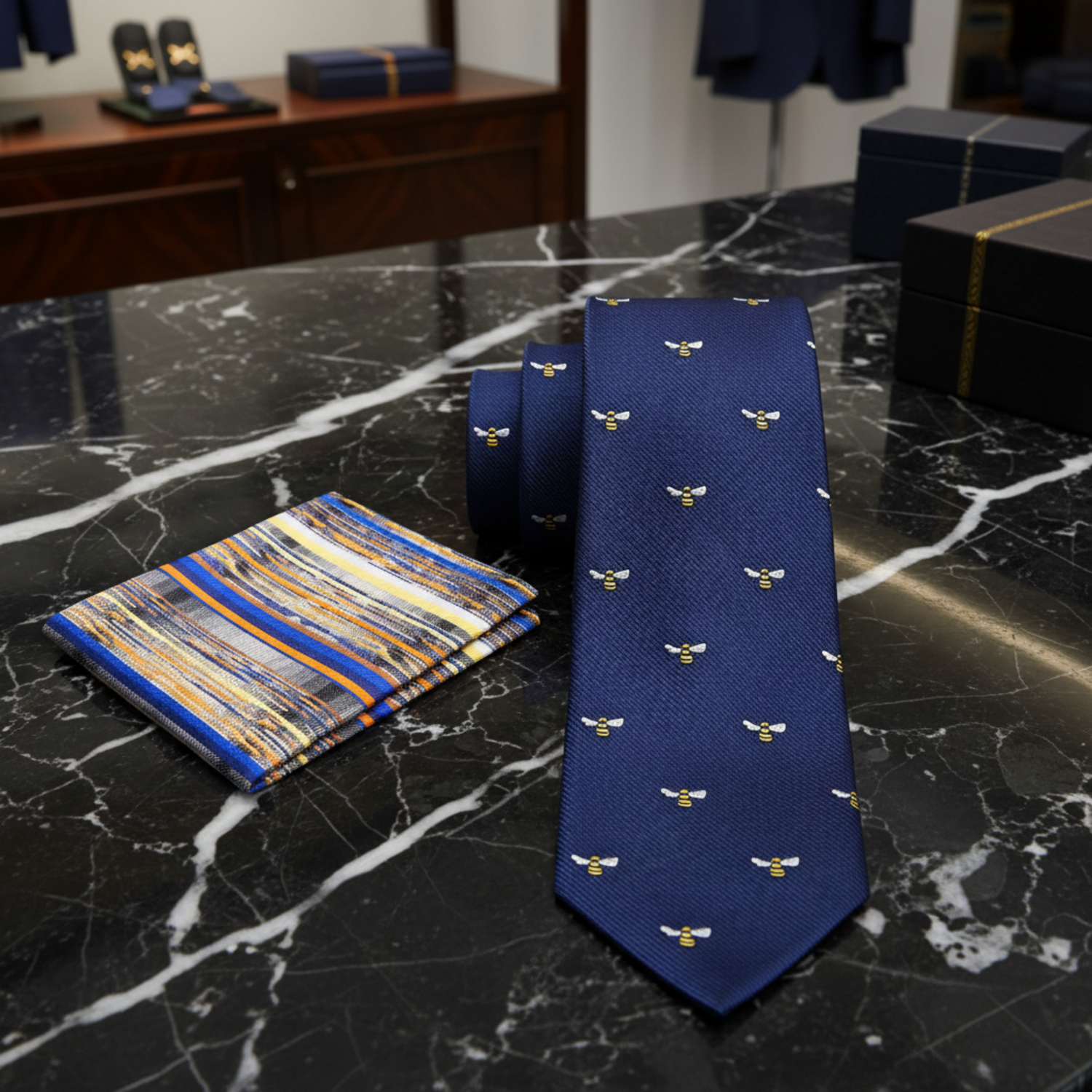 Blue, Yellow, Black Honey Bee Tie and Accenting Pocket Square