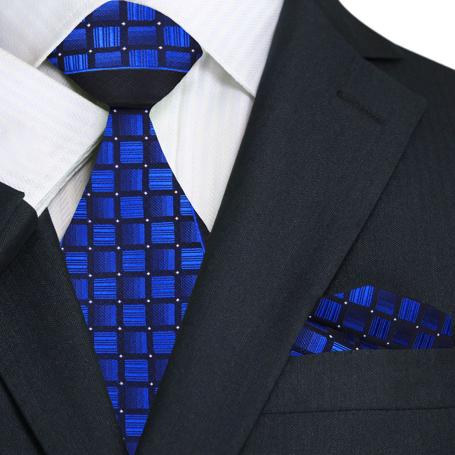 Premium A Blue and Black Checker Pattern Silk Necktie With Matching Pocket Square