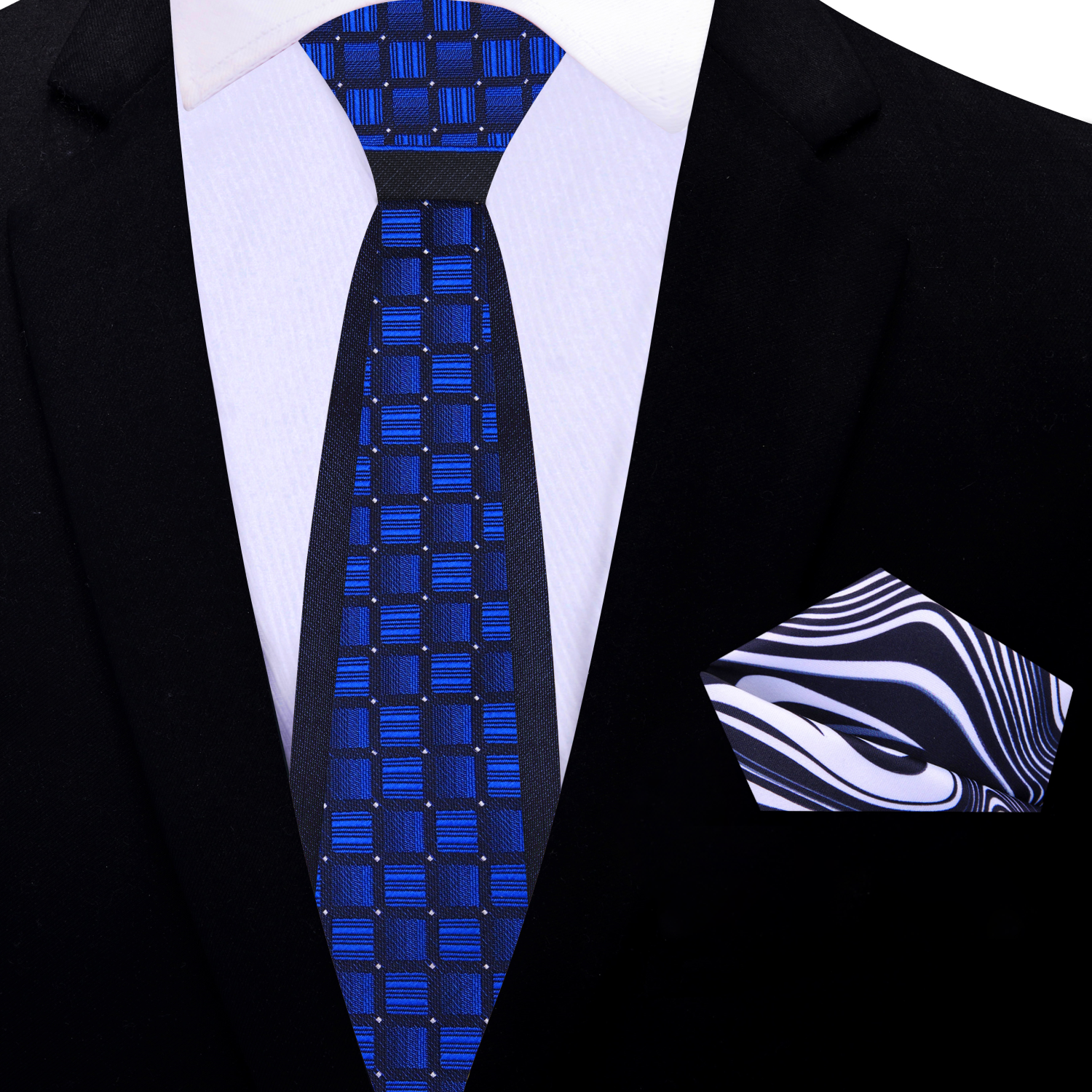 A blue honeycomb pattern thin necktie with accenting square