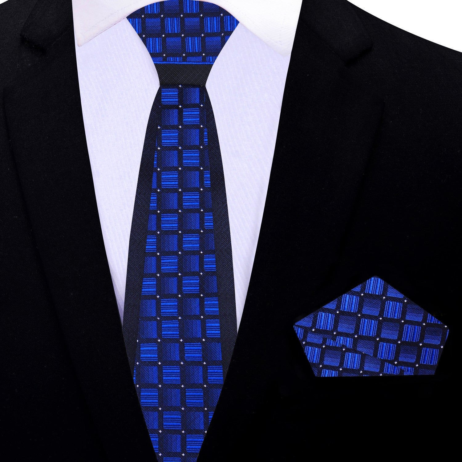 A blue honeycomb pattern thin necktie and matching square