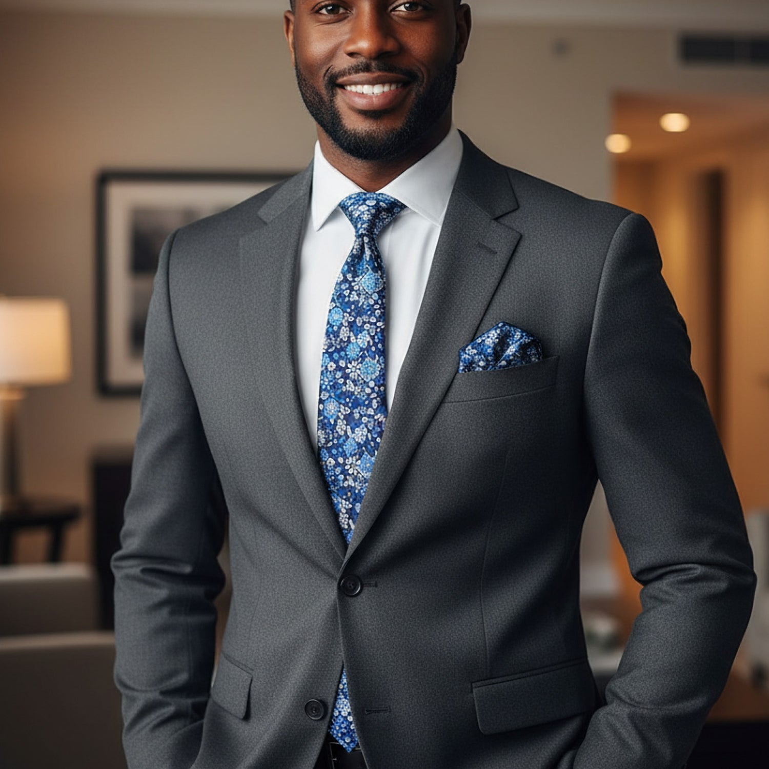 Man wearing a gray suit with a blue floral tie and pocket square in an indoor setting.