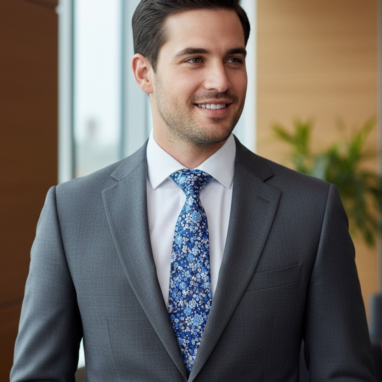 Man wearing a gray suit with a white shirt and blue floral tie, standing indoors.