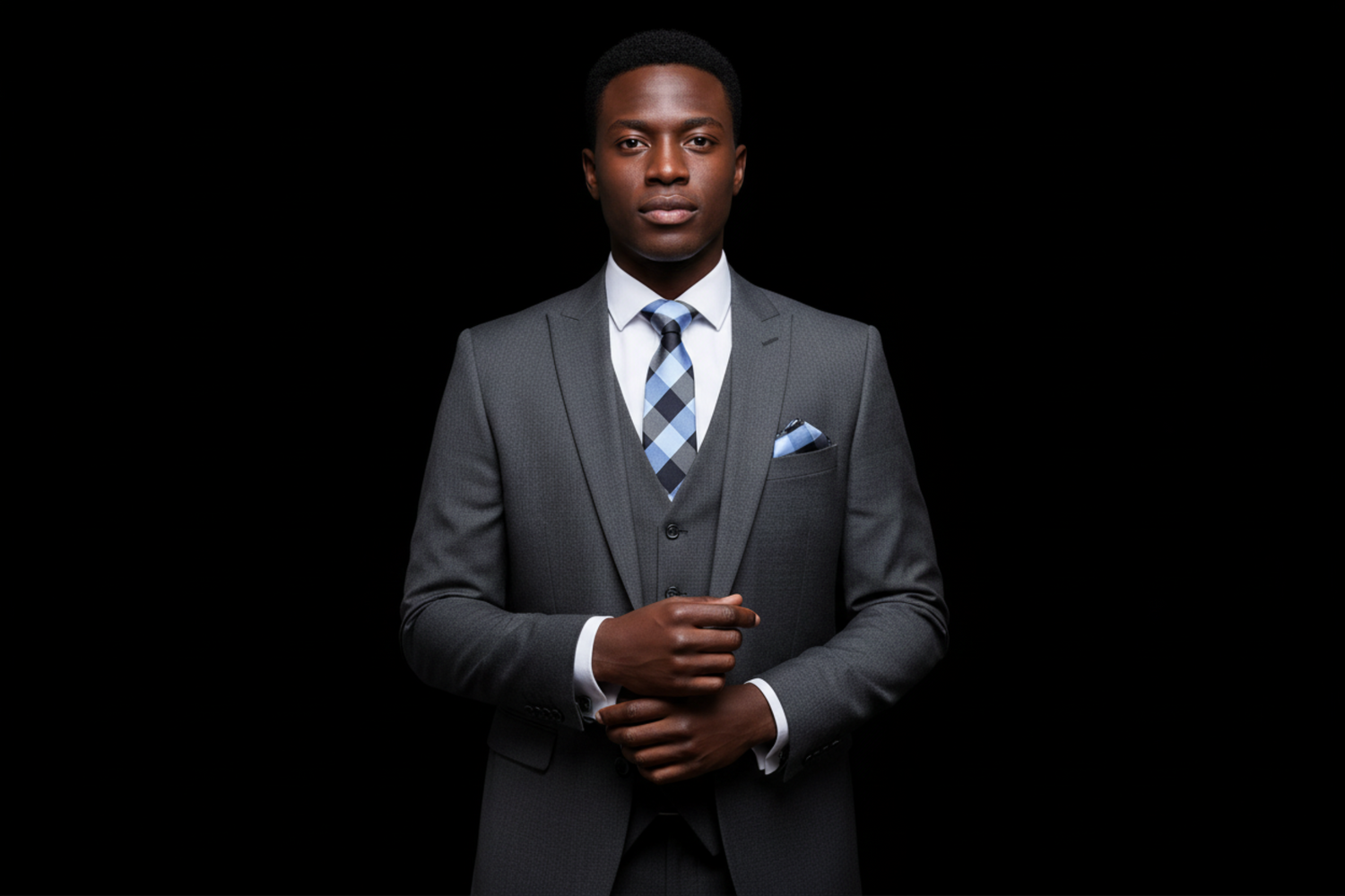 Man wearing a gray suit with a blue tie against a black background