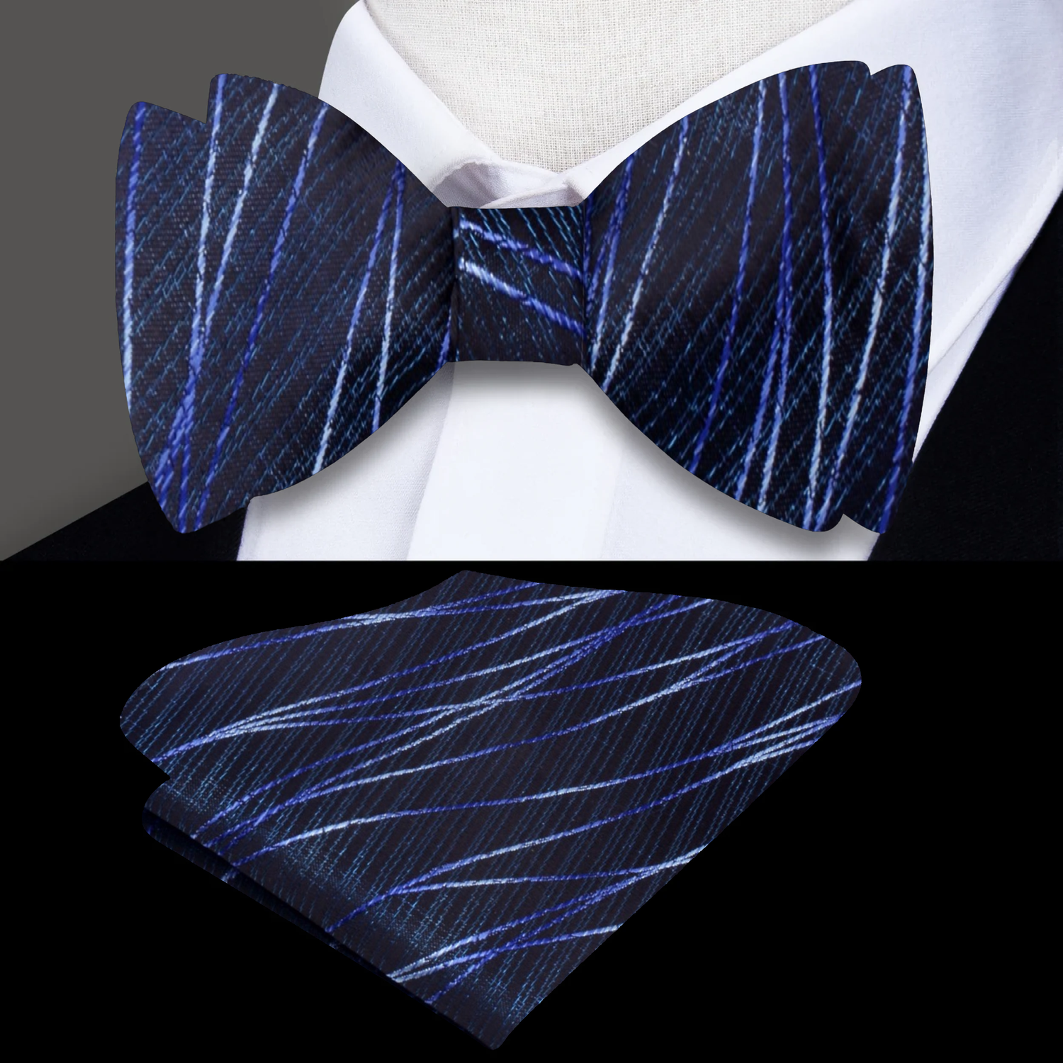 Main A Blue, Black 3D Intersecting Abstract Lines Pattern Self Tie Bow Tie, Pocket Square