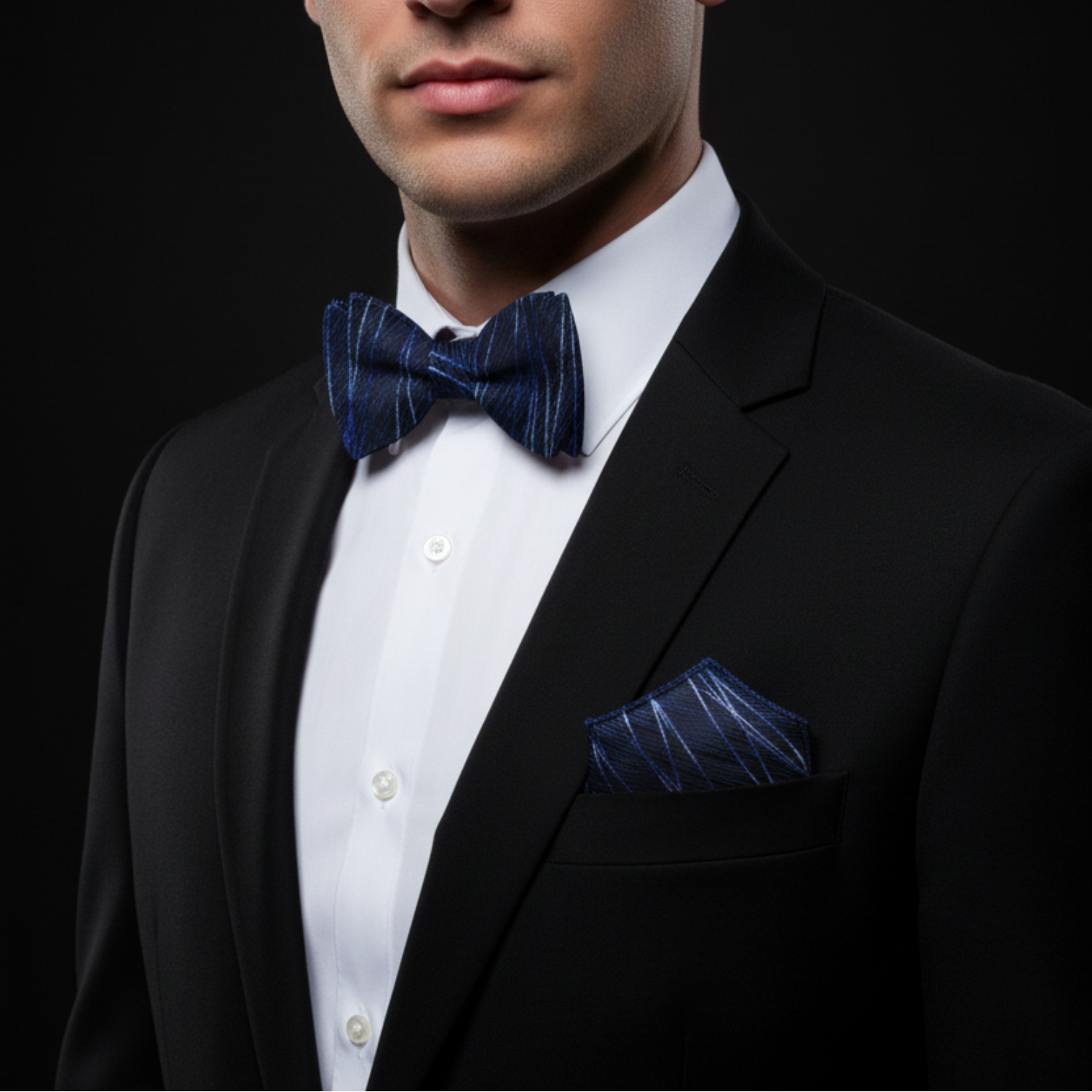 Blue Lined Bow Tie and Square on Man
