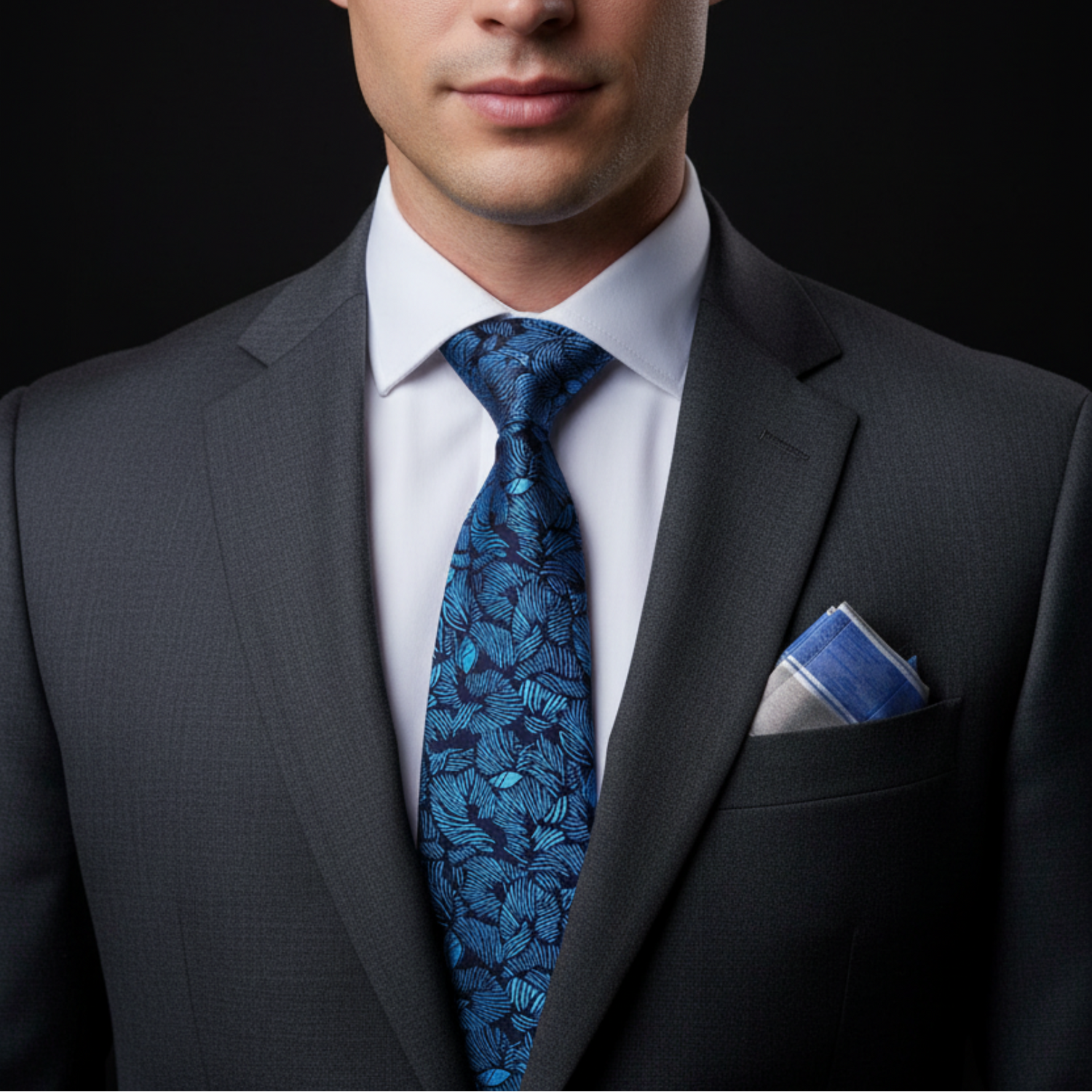 Man wearing blue leaves tie and accenting plaid square on suit